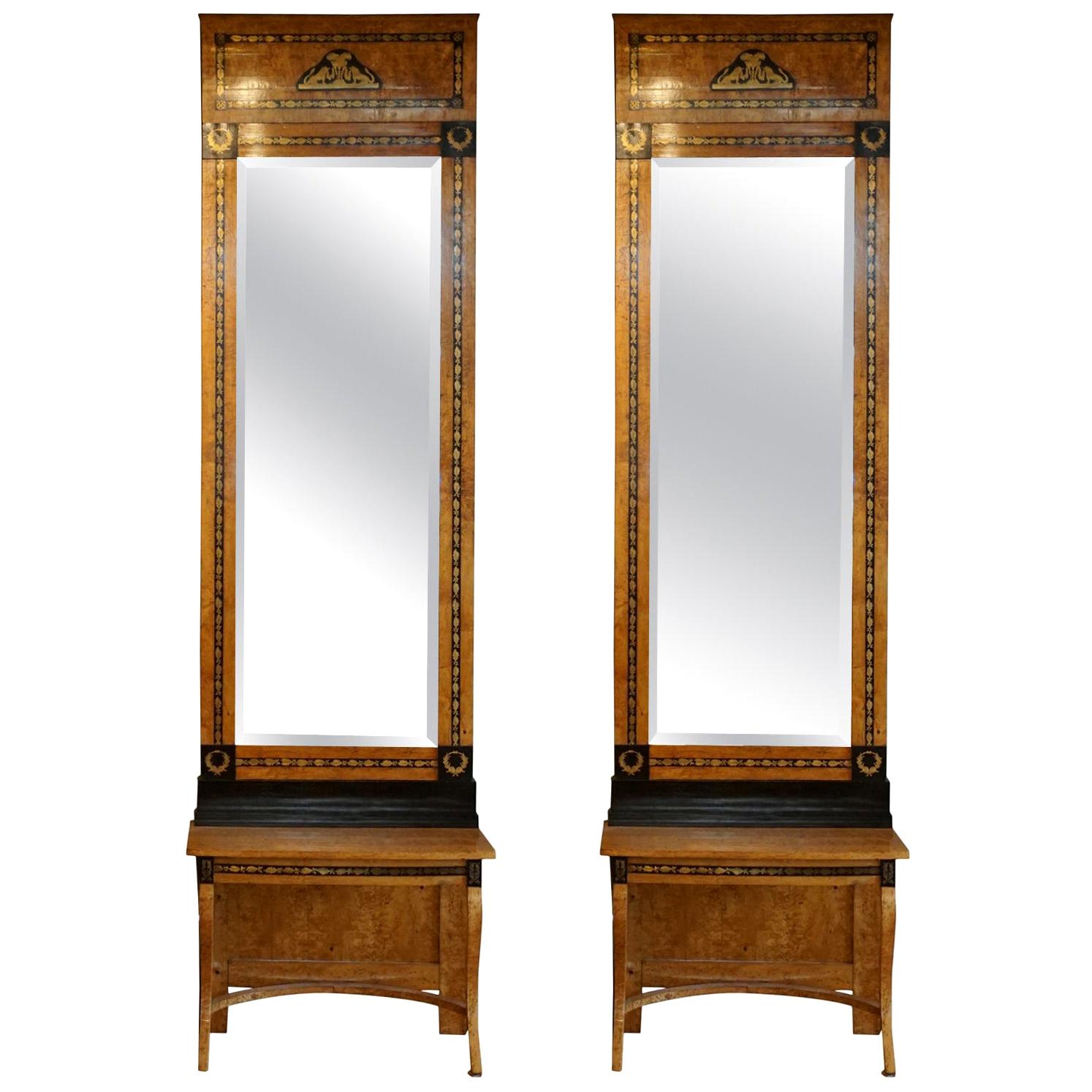 19th Century Russian Pair of Antique Beechwood, Brass Wall Mirrors and Consoles For Sale