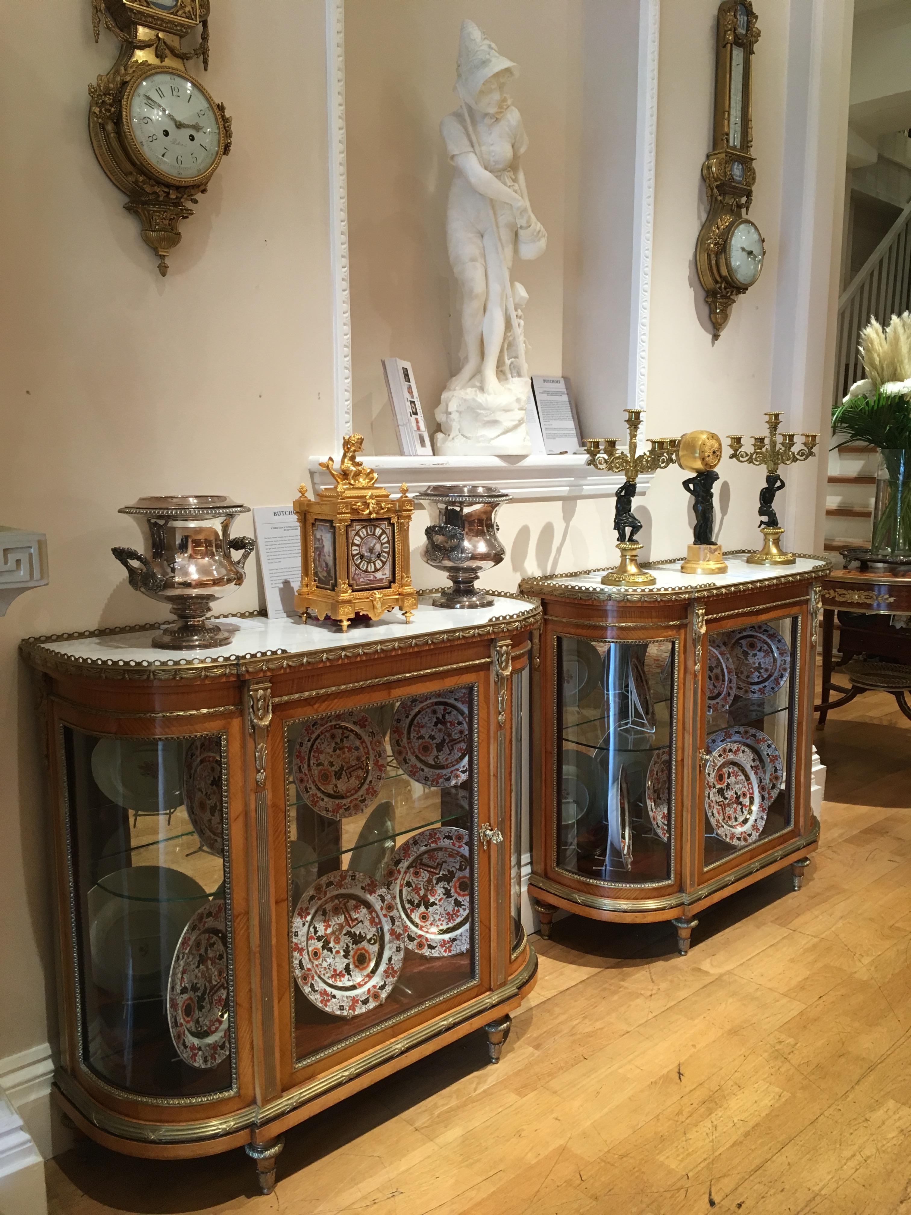 English 19th Century Pair of Antique Satin Birch Demilune Cabinets by Mellier & Co. For Sale