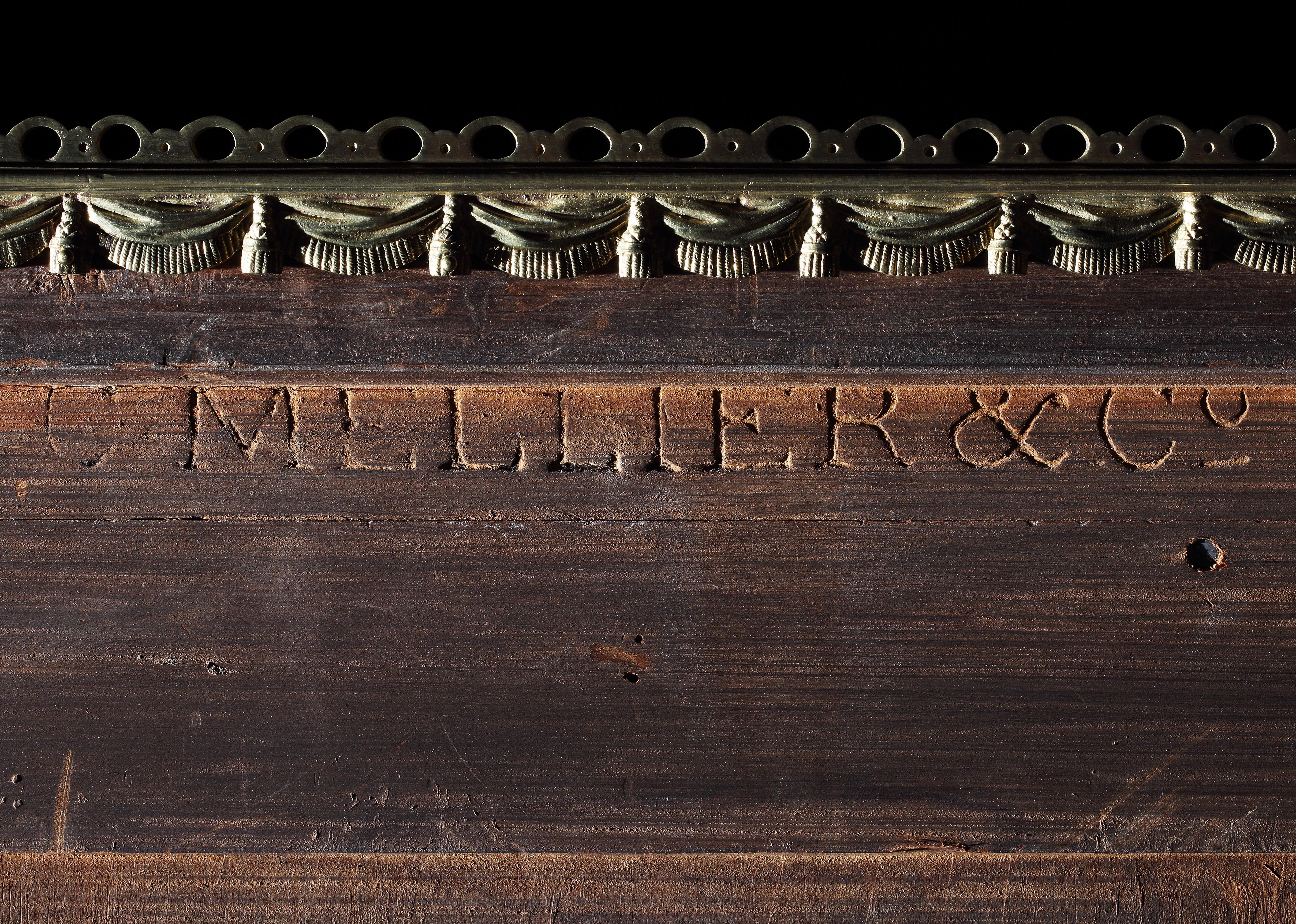 Gilt 19th Century Pair of Antique Satin Birch Demilune Cabinets by Mellier & Co. For Sale