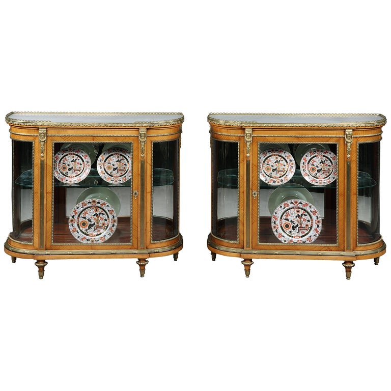 19th Century Pair Of Antique Satin Birch Demilune Cabinets By