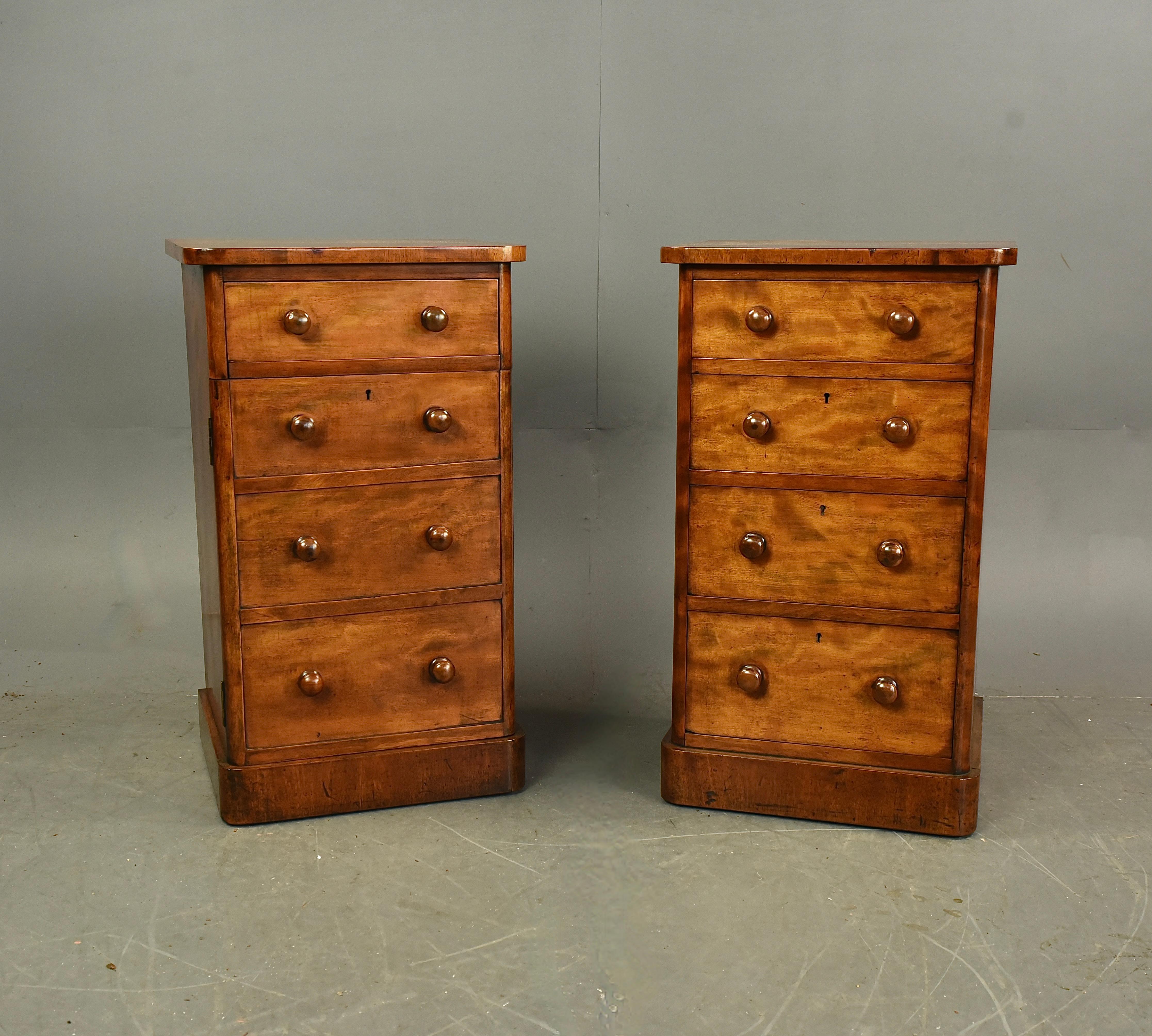 A wonderful pair of satin walnut bedside chests of drawers circa 1870 .
The bedside chests are a original pair one have dummy drawers to reveal a cupboard with a single drawer above and the other has four graduating drawers .
They are in great