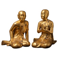 19th century Pair of antique wooden Burmese Monk statues from Burma