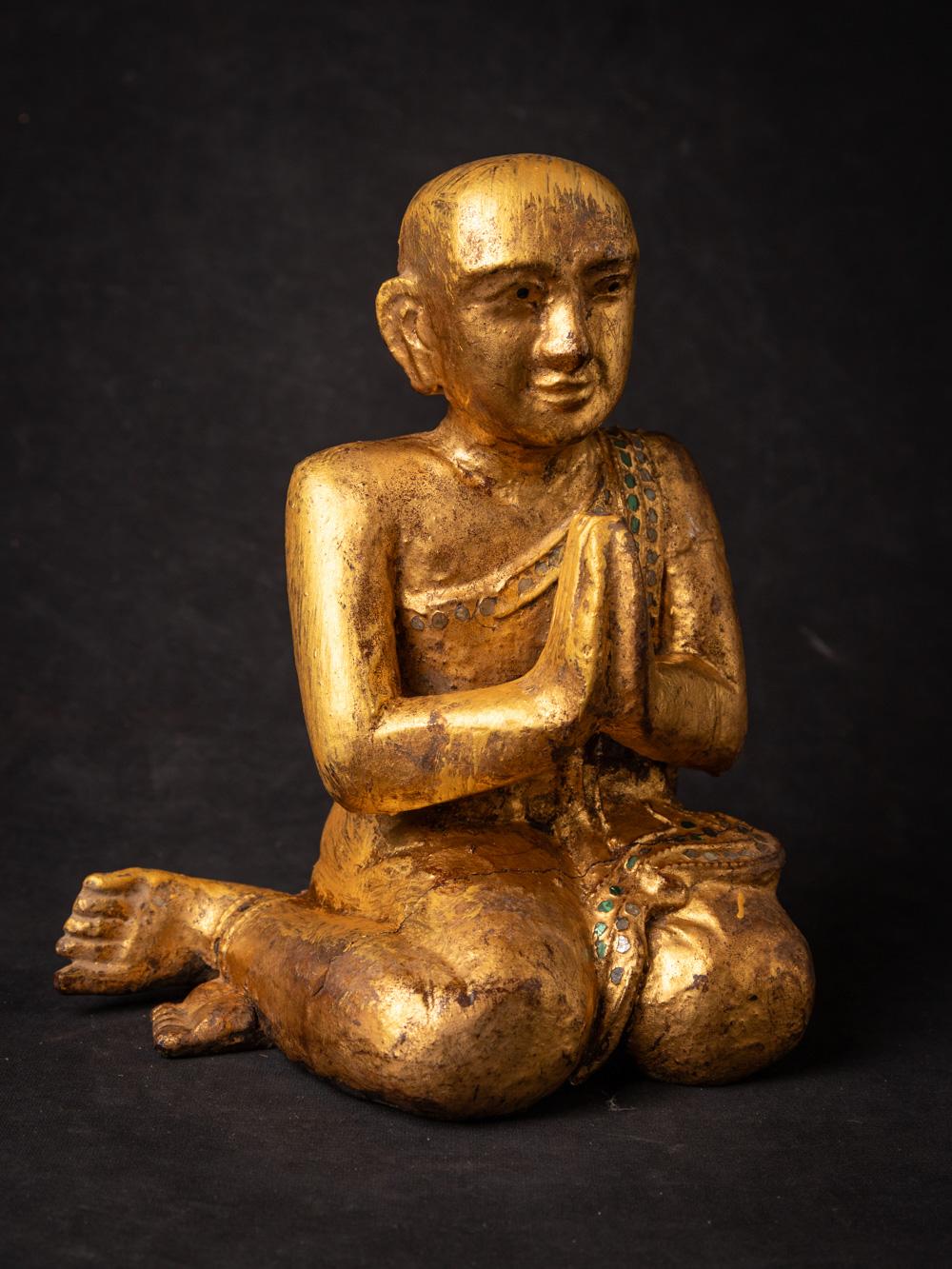 Wood 19th century pair of antique wooden Burmese Monk statues - OriginalBuddhas For Sale