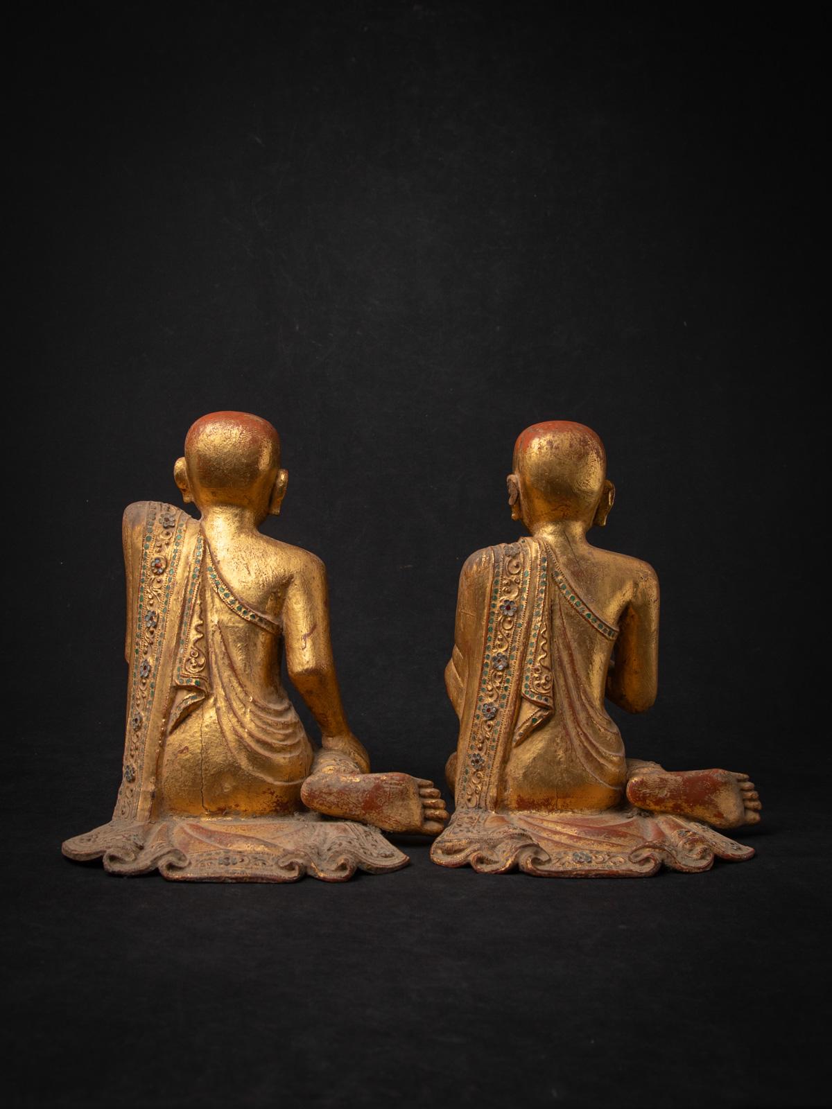 Wood 19th century Pair of antique wooden Burmese Monk statues - OriginalBuddhas For Sale