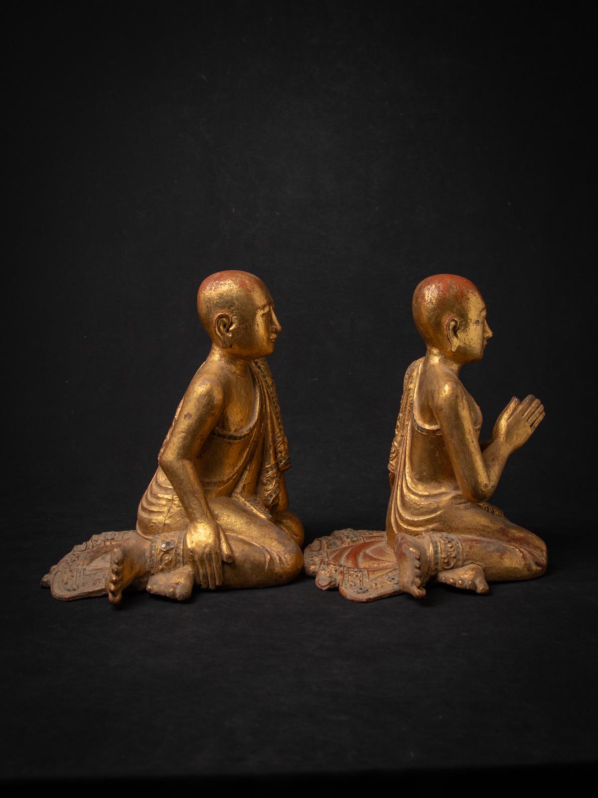 19th century Pair of antique wooden Burmese Monk statues - OriginalBuddhas For Sale 1