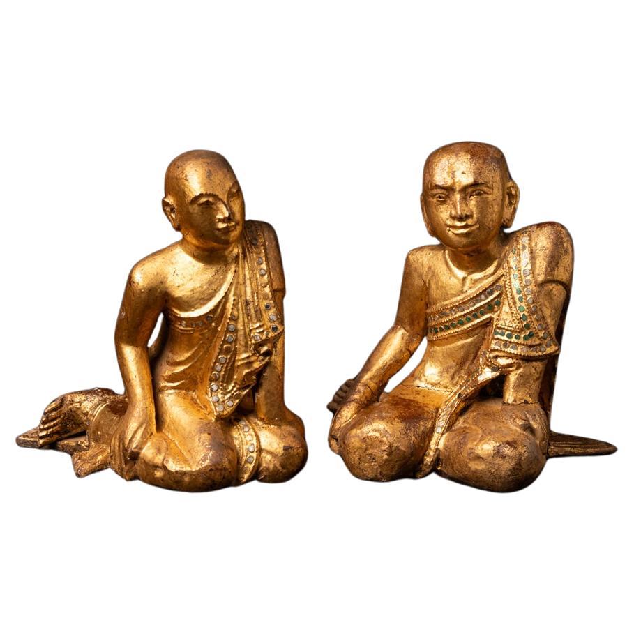 Paire de statues de moines birmans antiques en bois du 19ème siècle - OriginalBuddhas