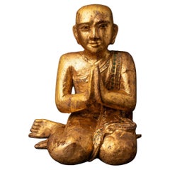 Paar antike burmesische Monk-Statuen aus Holz aus dem 19. Jahrhundert – OriginalBuddhas