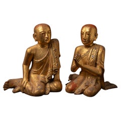 19th century Pair of antique wooden Burmese Monk statues - OriginalBuddhas