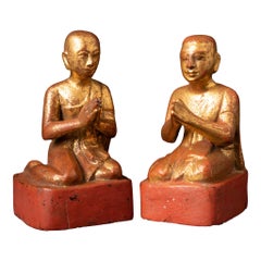 19th century Pair of antique wooden Monk statues from Burma