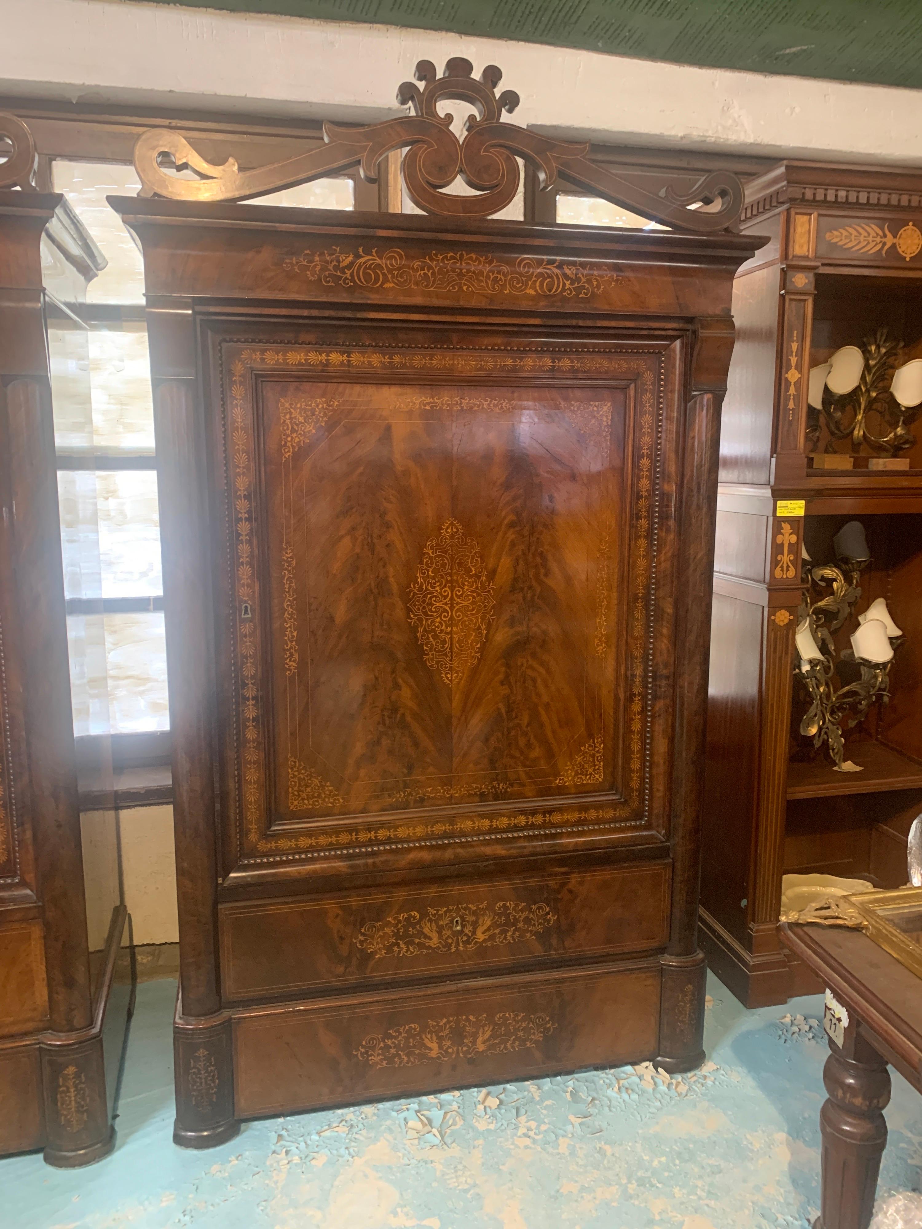 Italian 19th Century Pair of Wardrobes Armoires Charles X Mahogany Inlaid 1820s