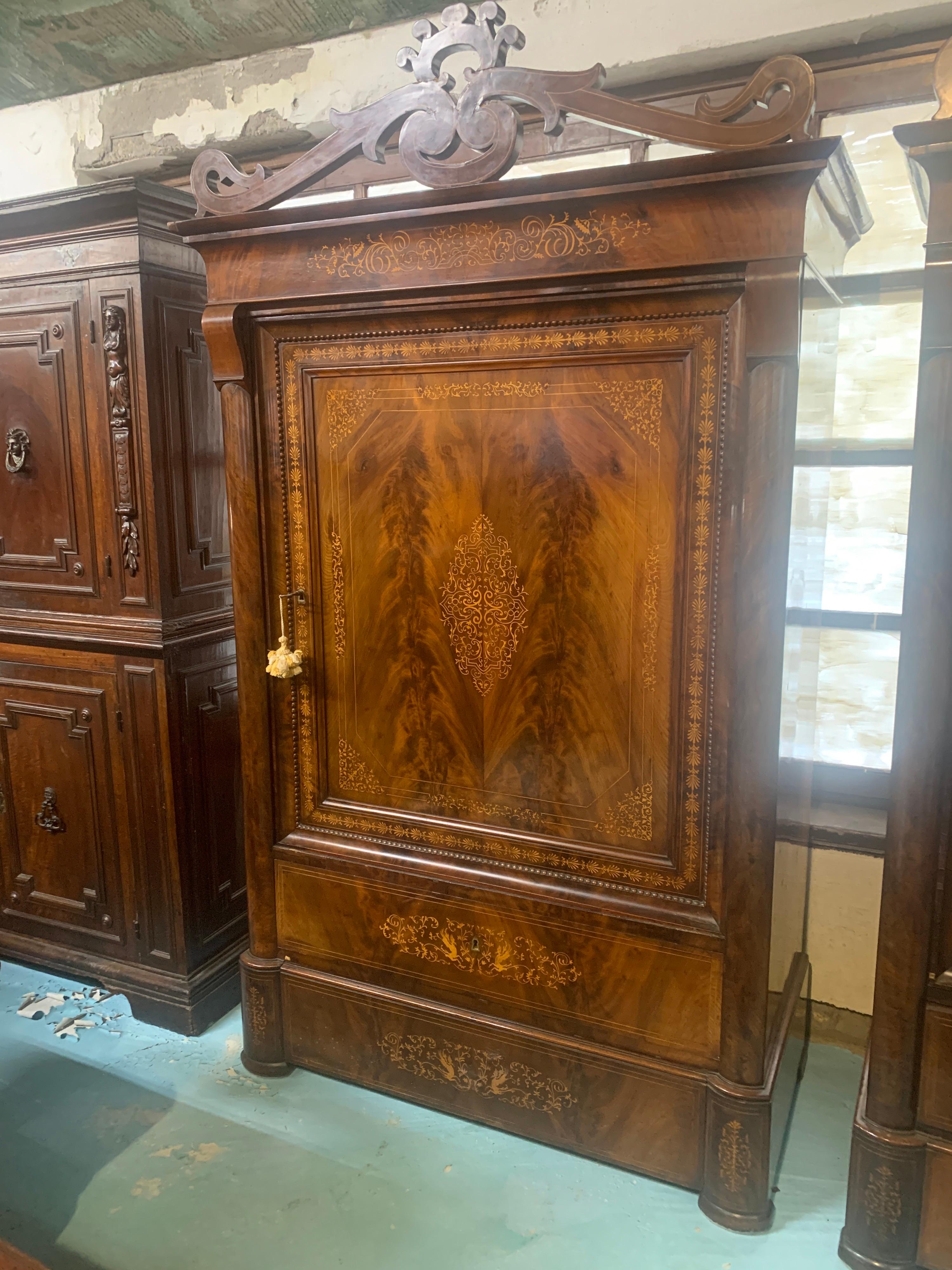 Inlay 19th Century Pair of Wardrobes Armoires Charles X Mahogany Inlaid 1820s