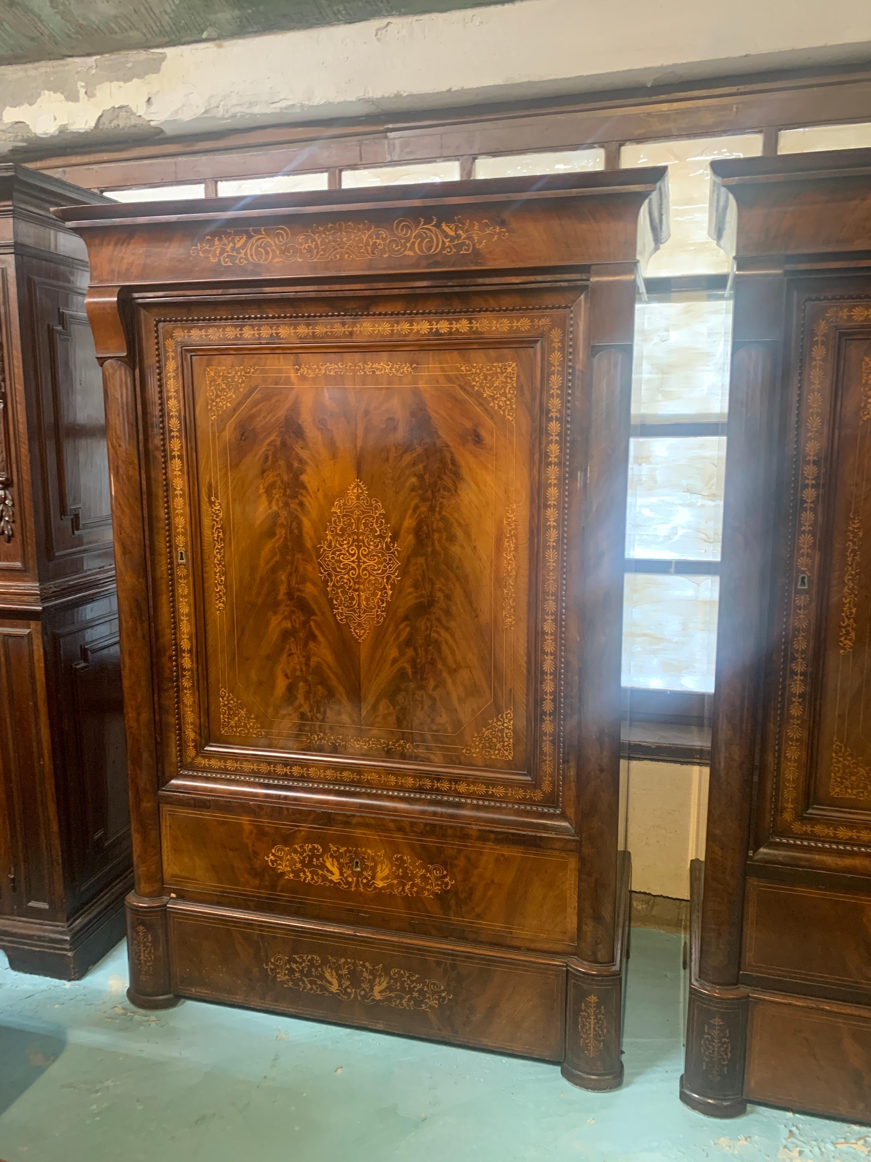 Early 19th Century 19th Century Pair of Wardrobes Armoires Charles X Mahogany Inlaid 1820s