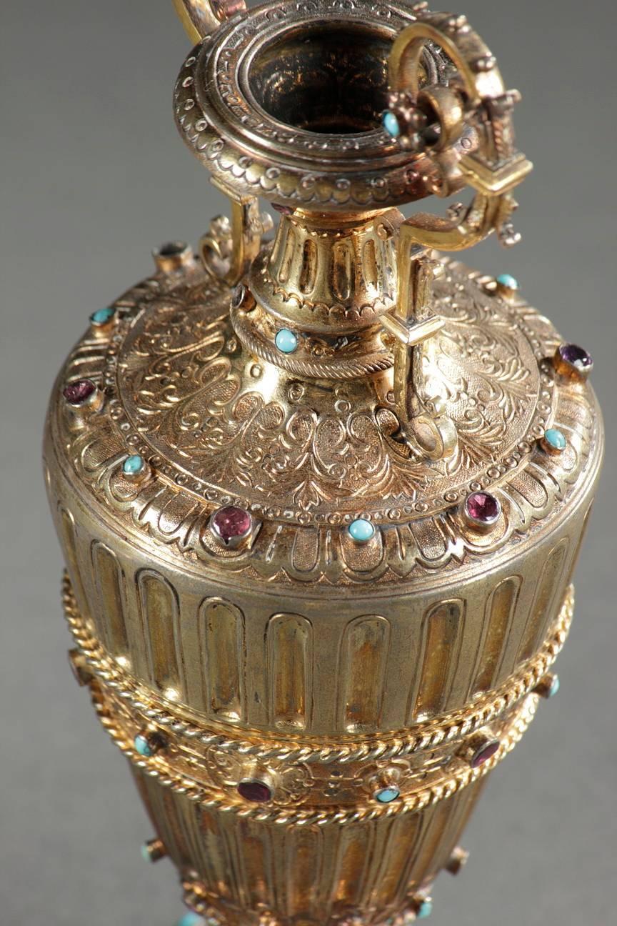 European 19th Century Pair of Austro-Hungarian Vases in Silver Gilt with Gemstones For Sale