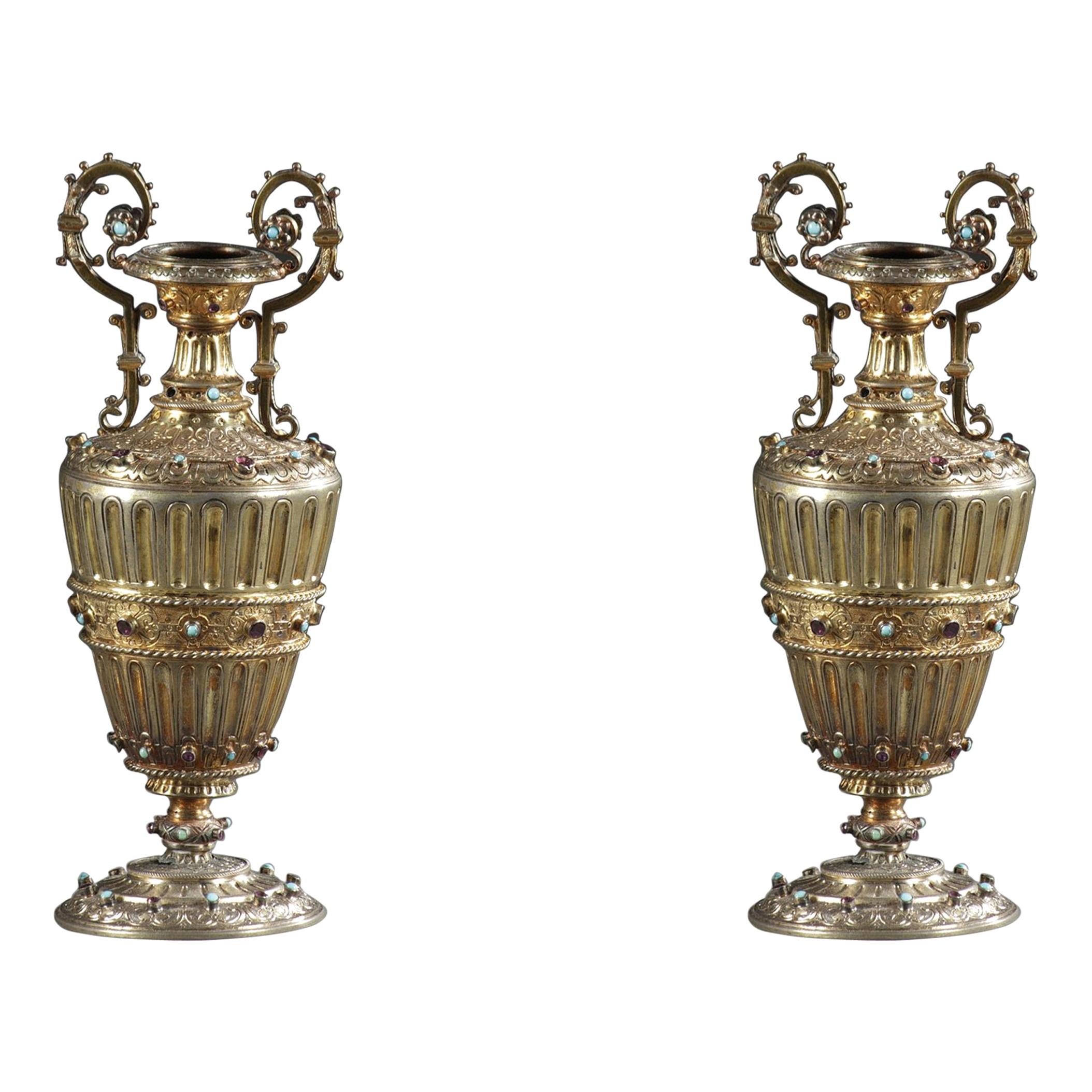 19th Century Pair of Austro-Hungarian Vases in Silver Gilt with Gemstones