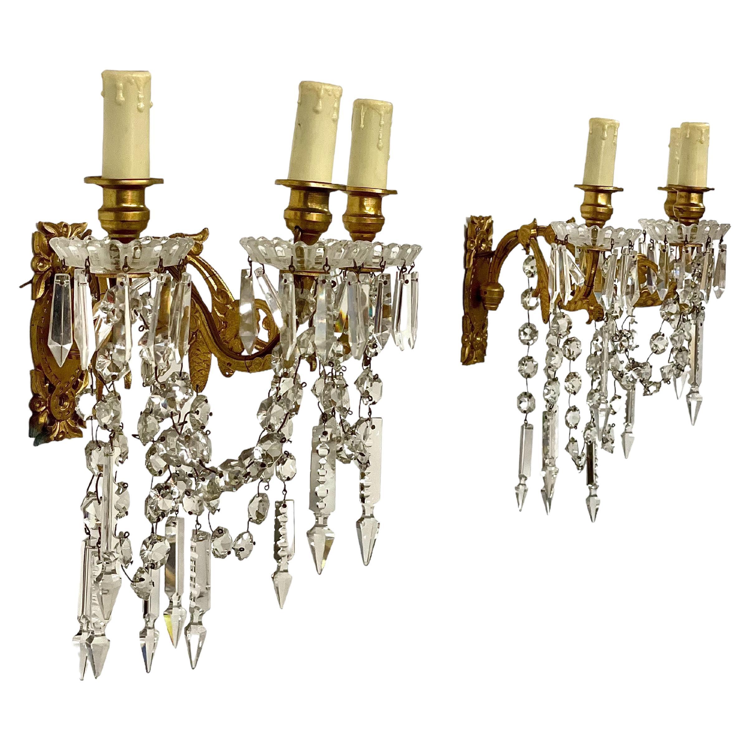 19th Century Pair of Baccarat Wall Sconces in Gilt Bronze and Crystal