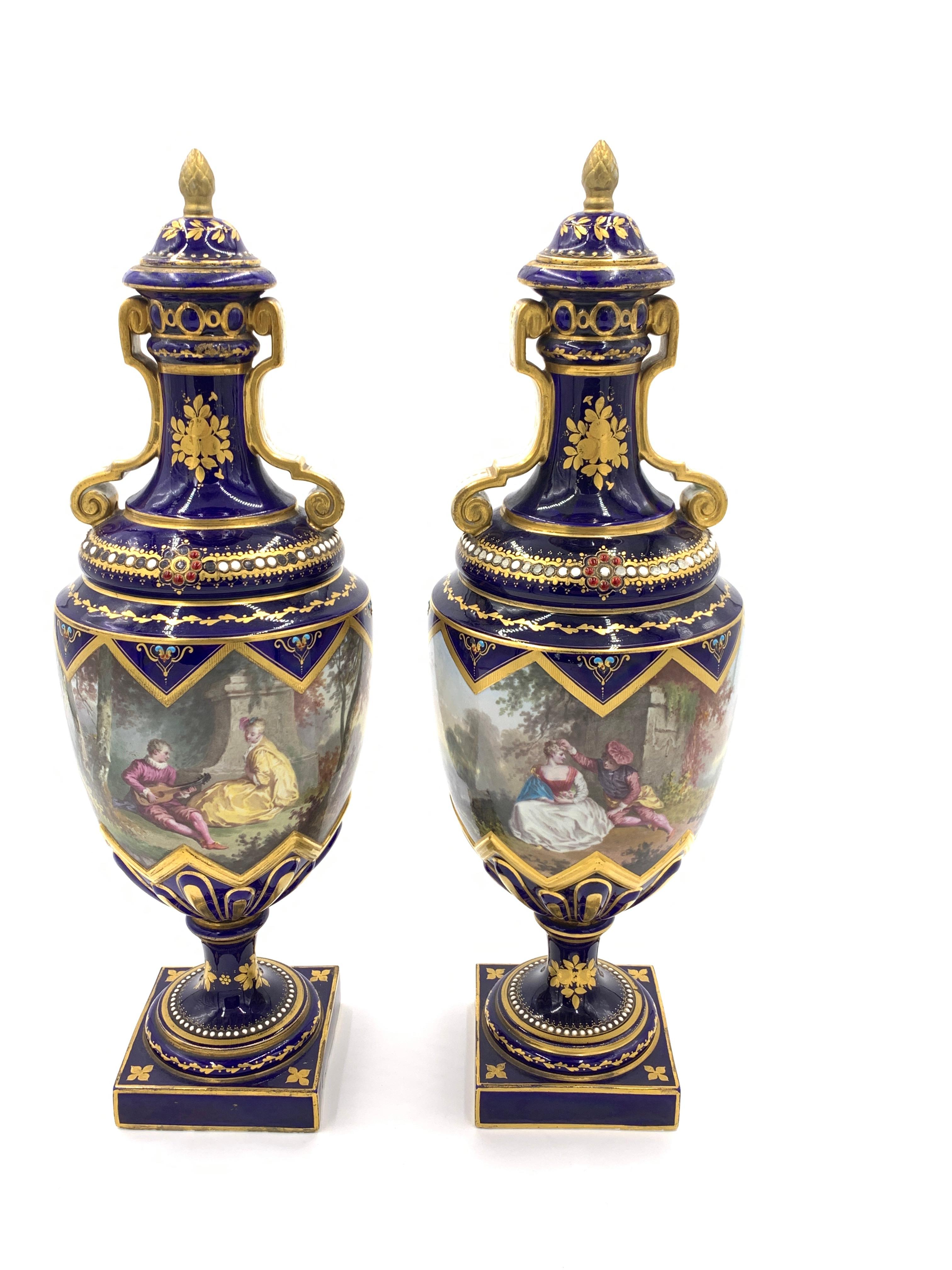 French 19th Century Pair of Bejewelled Sevres Style Vases