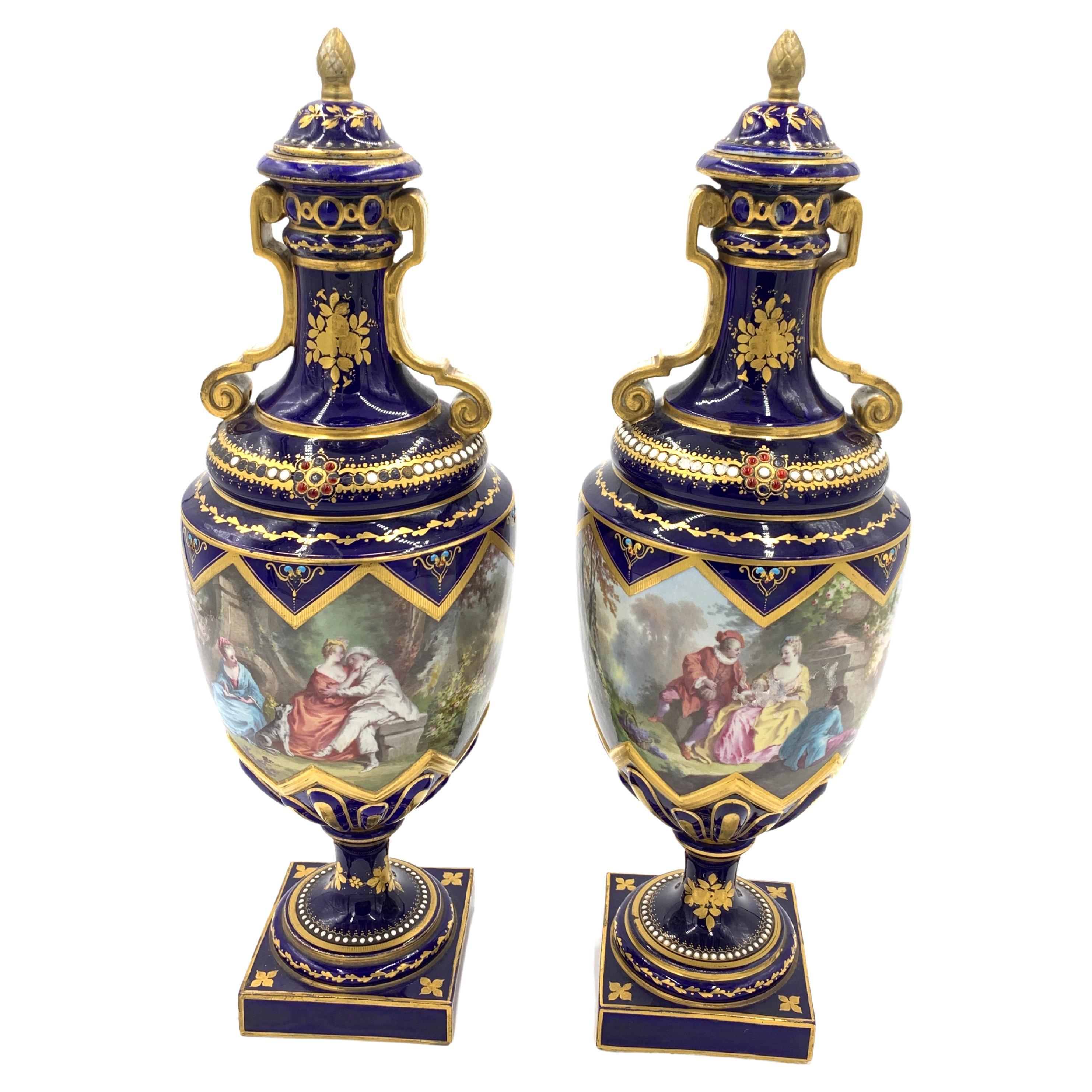 19th Century Pair of Bejewelled Sevres Style Vases