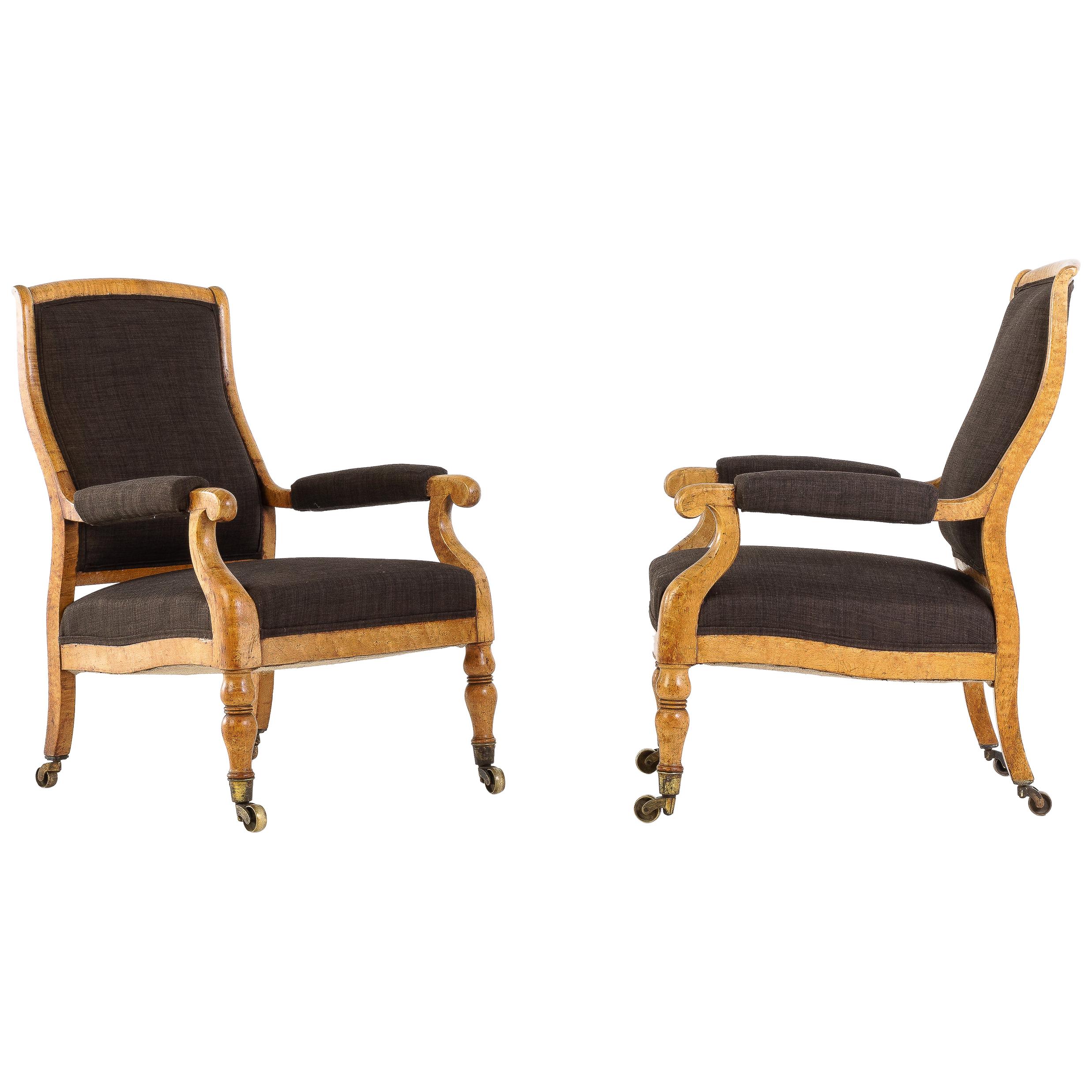 19th Century Pair of Birds Eye Maple Armchairs
