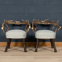 19th Century Pair Of Black Forest Antler Horn Hall Chairs, Swiss/German, c.1890