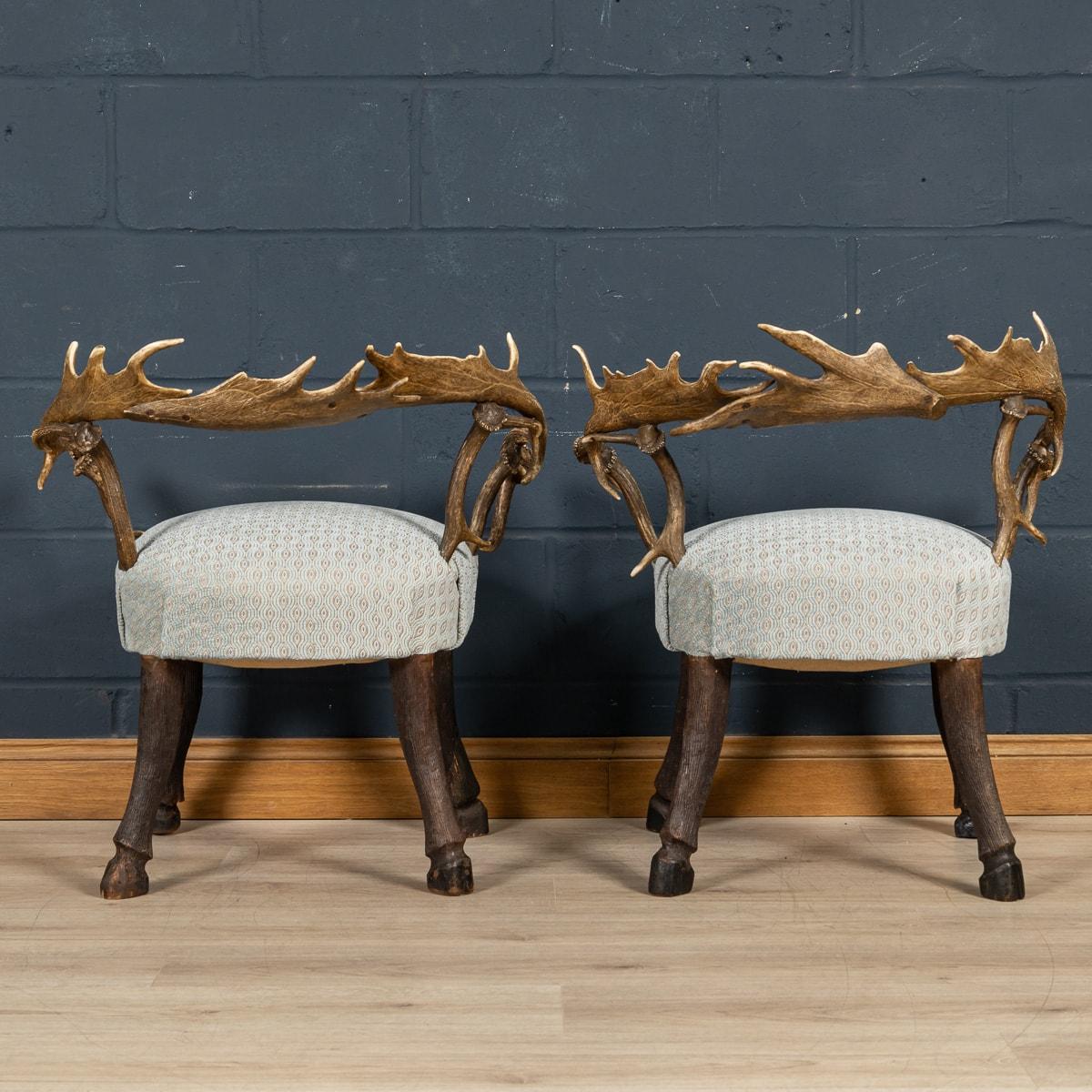 Fabric 19th Century Pair Of Black Forest Antler Horn Hall Chairs, Swiss/German, c.1890
