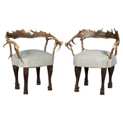 19th Century Pair Of Black Forest Antler Horn Hall Chairs, Swiss/German, c.1890