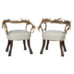 19th Century Pair Of Black Forest Antler Horn Hall Chairs, Swiss/German, c.1890