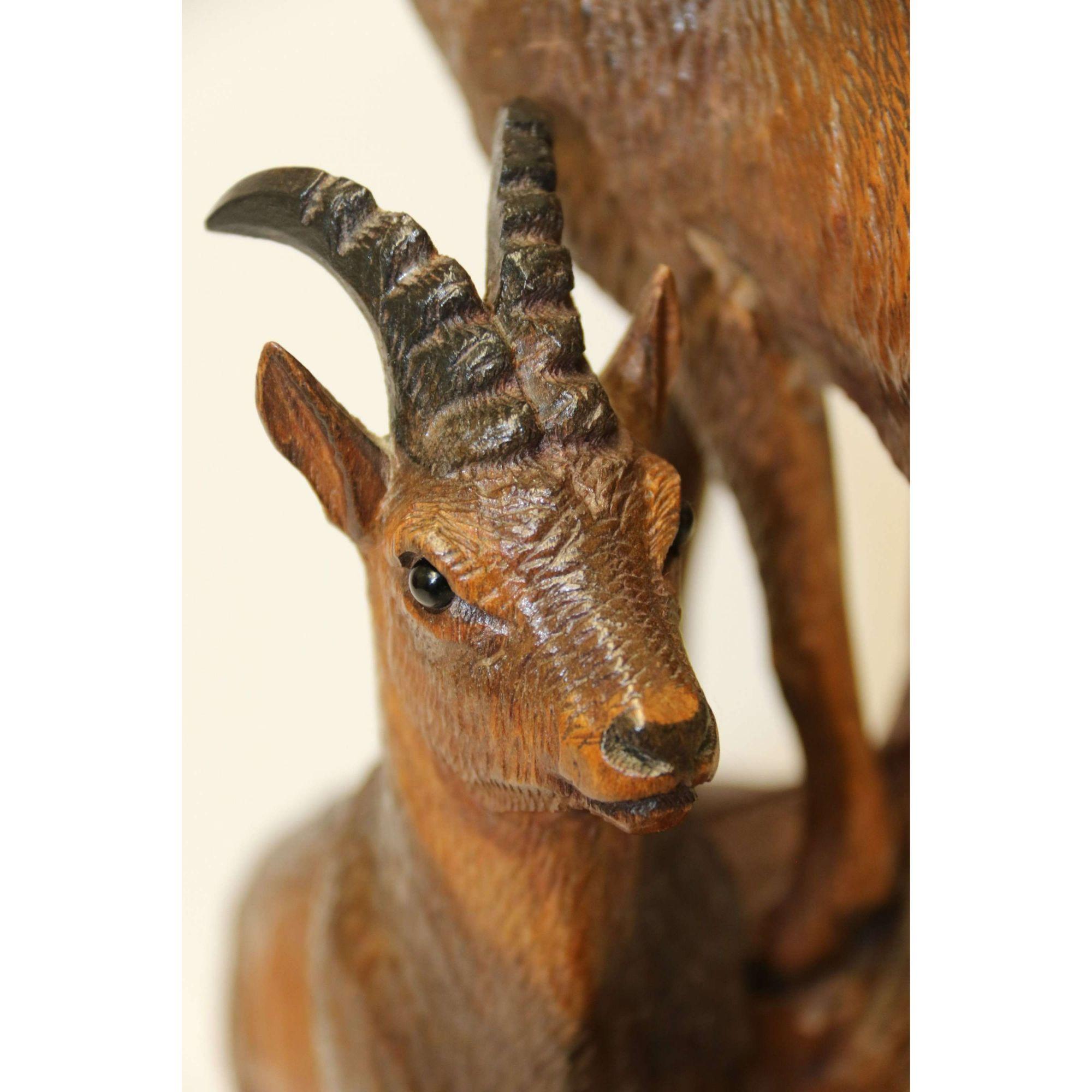 19th Century Pair of Black Forest Carved Figures in the Form of Ibex and Chamois In Good Condition For Sale In Central England, GB