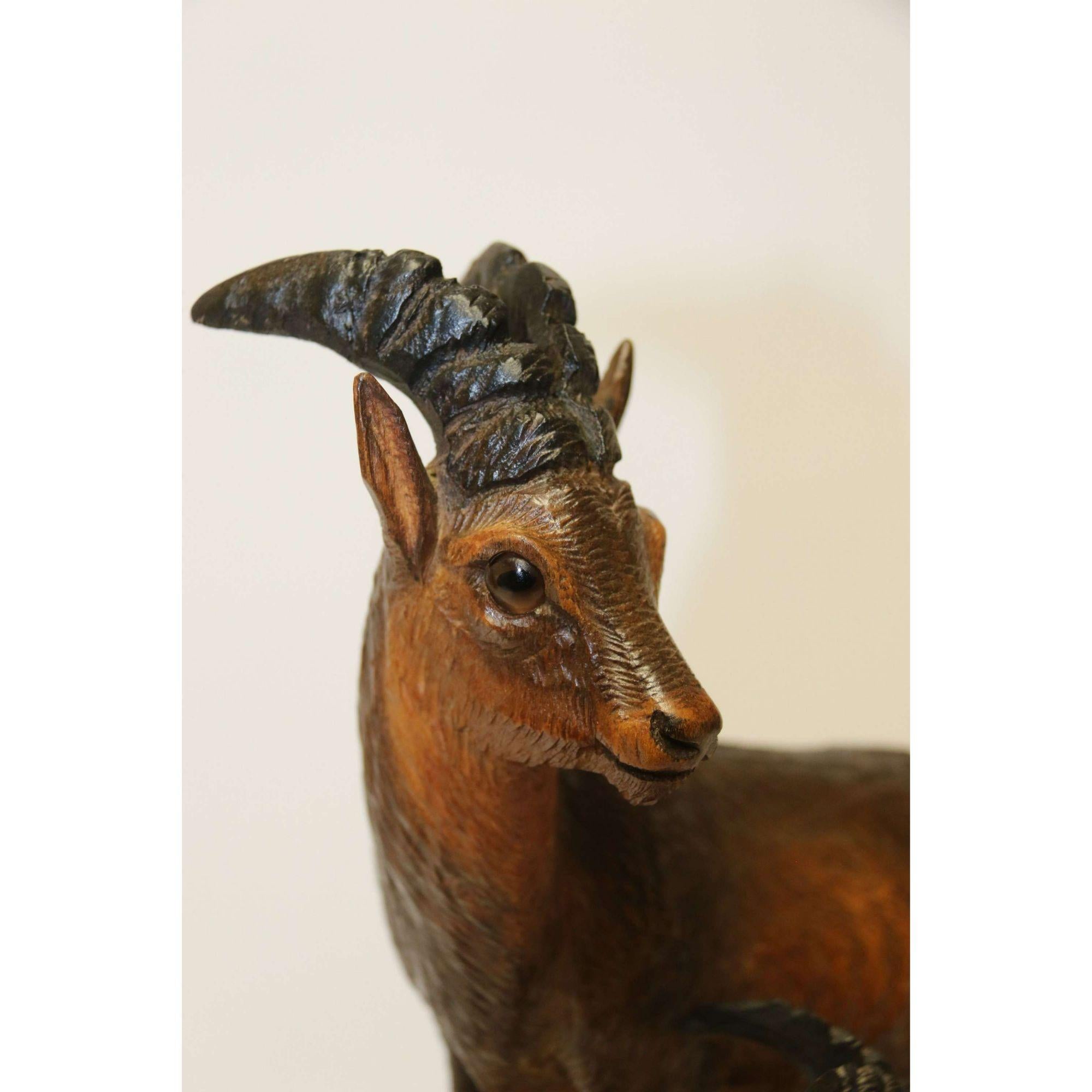 19th Century Pair of Black Forest Carved Figures in the Form of Ibex and Chamois For Sale 1