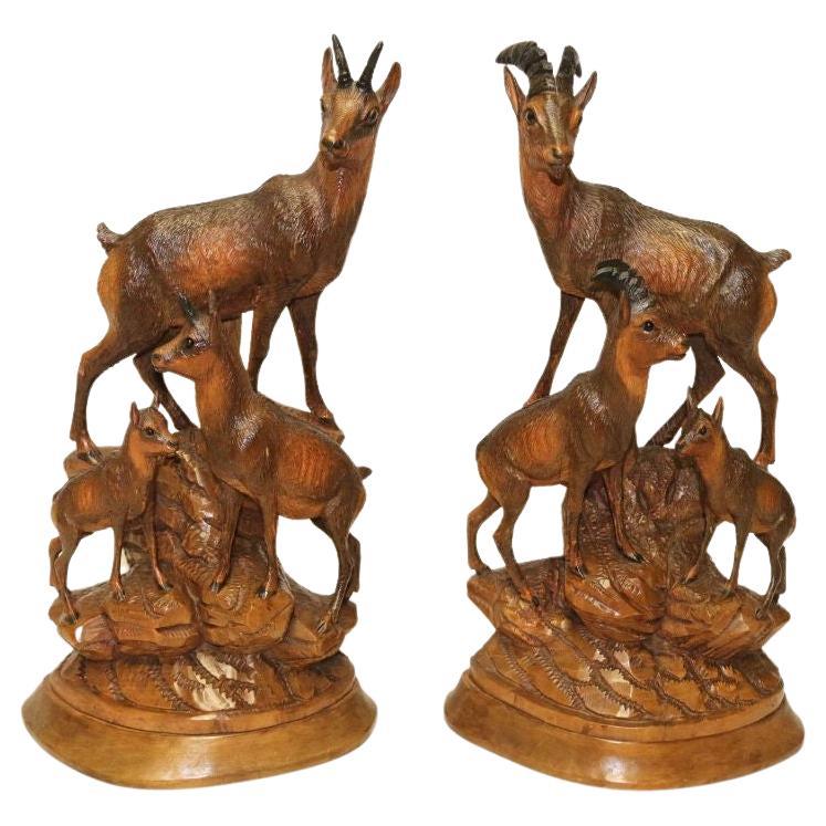 19th Century Pair of Black Forest Carved Figures in the Form of Ibex and Chamois