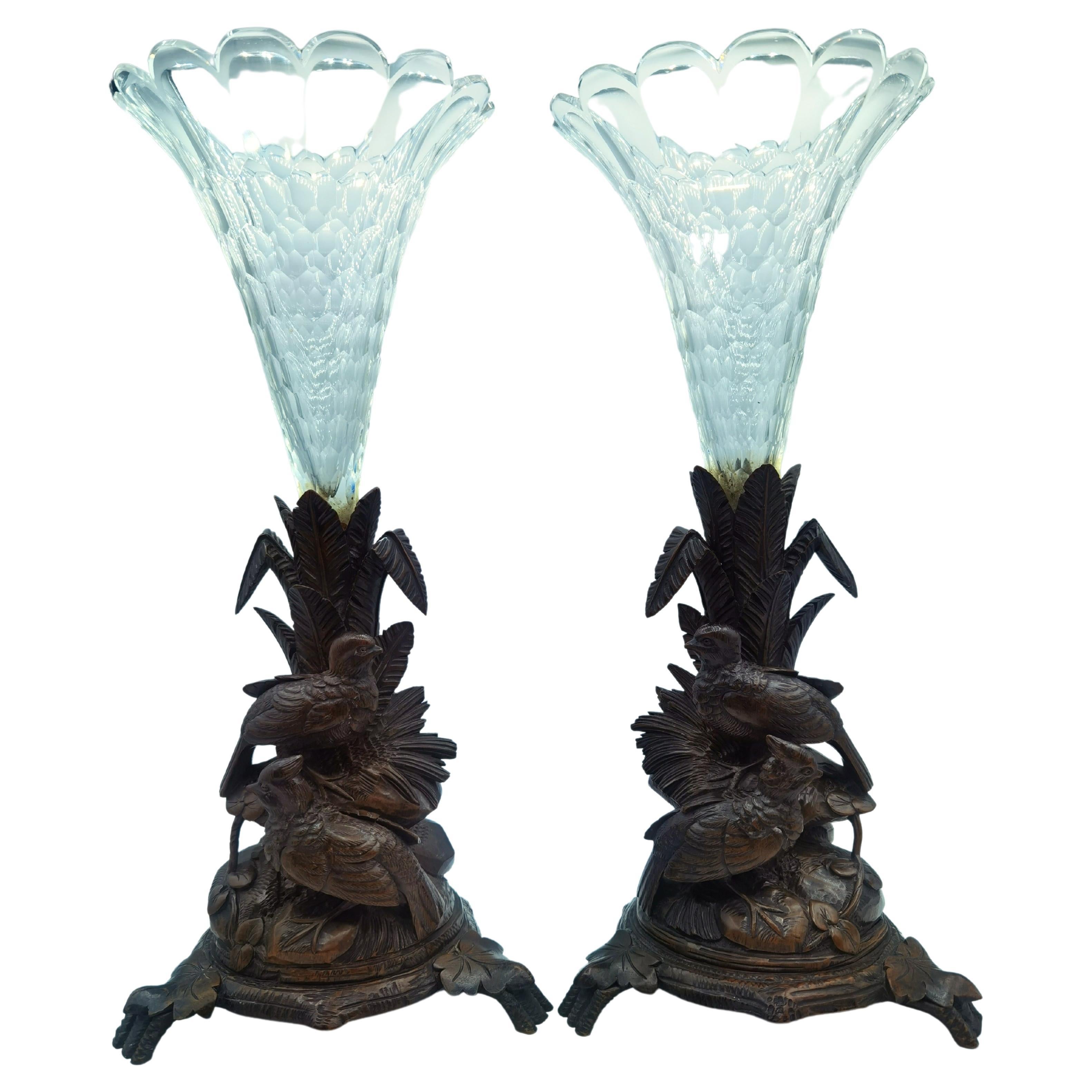 19th Century Pair of Black Forest Wood Carved Centerpieces
