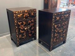 19th Century Pair of Black Lacquered Chests with Gold Leaf Butterfly Pattern