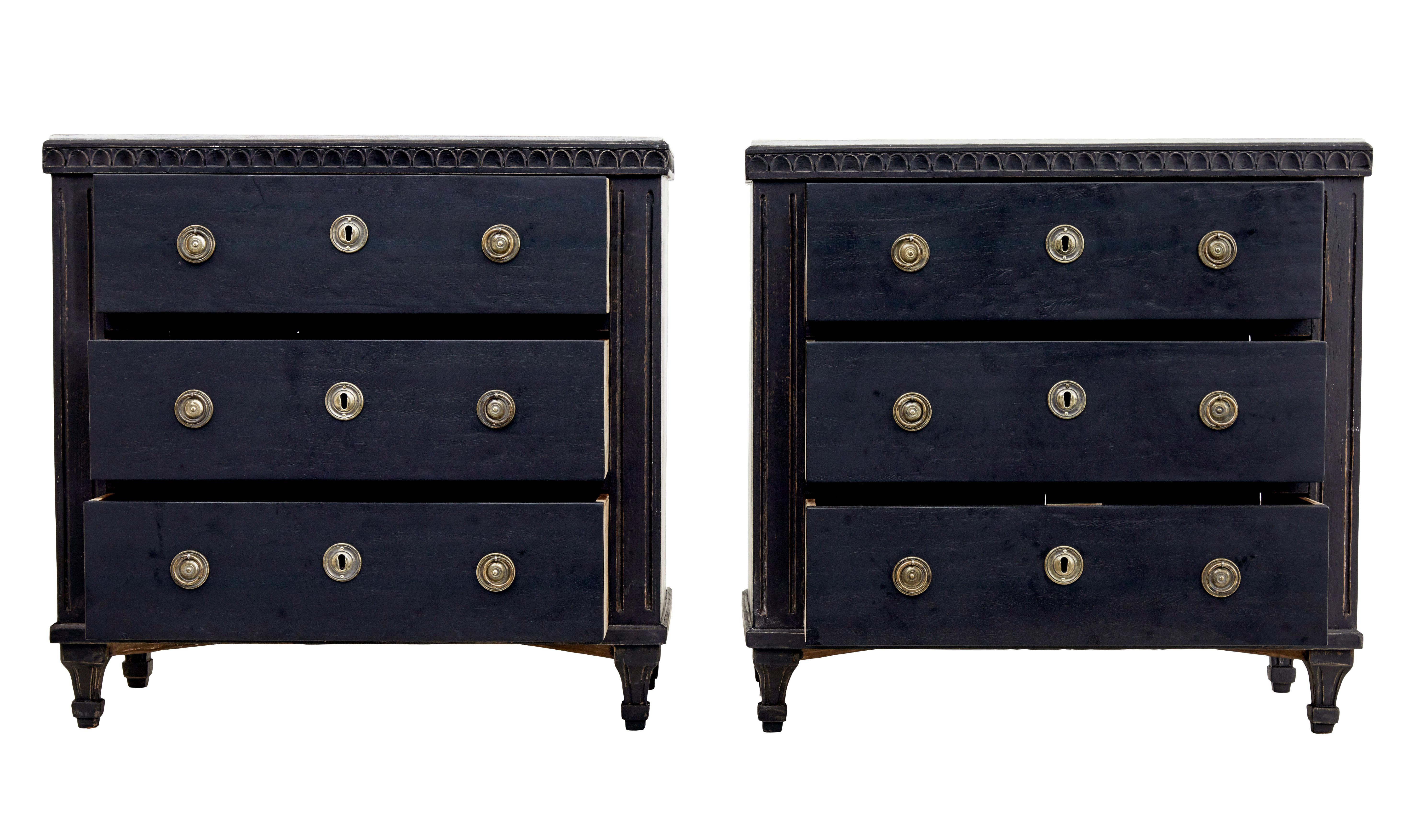 19th century pair of black painted Swedish commodes, circa 1870.

Fine quality pair of 3-drawer chests. Faux marble hand painted top surface, with detailed edged frieze. Oak lined drawers with working locks and key. Later handles and