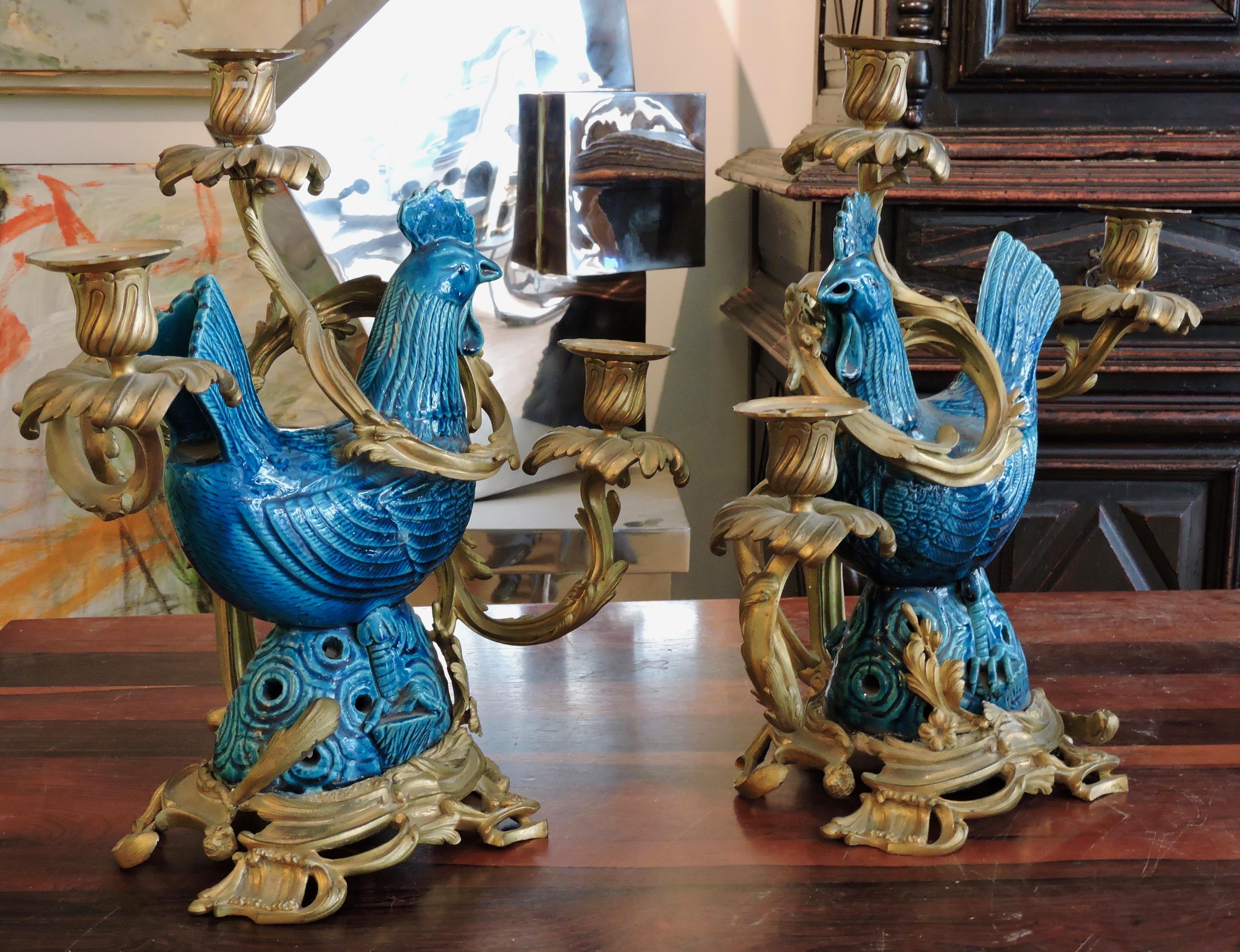 Louis XV 19th Century Pair of Blue Enameled Faience Roosters Ormolu-Mounted Candelabras