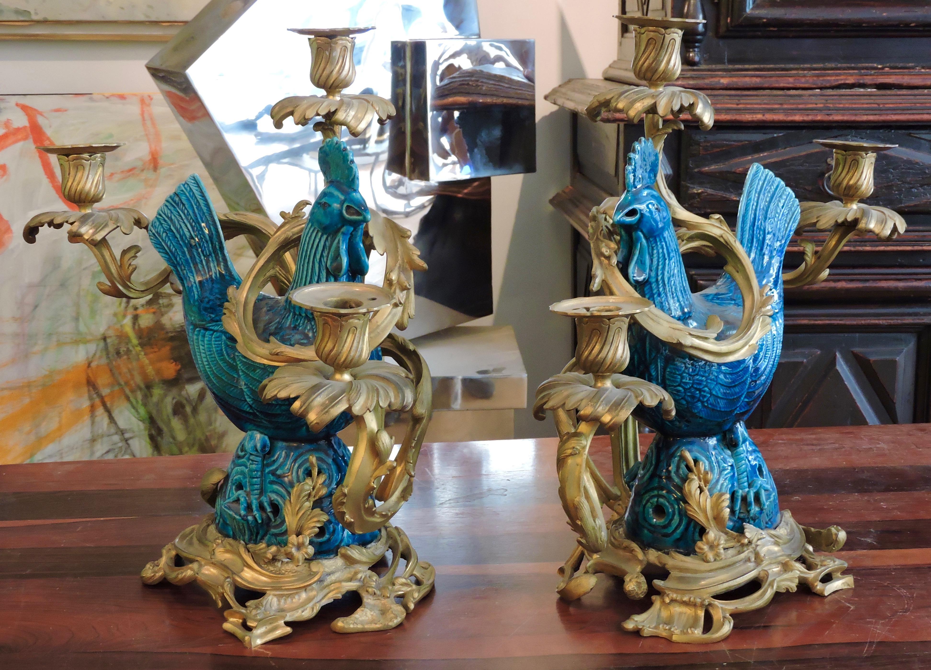 French 19th Century Pair of Blue Enameled Faience Roosters Ormolu-Mounted Candelabras