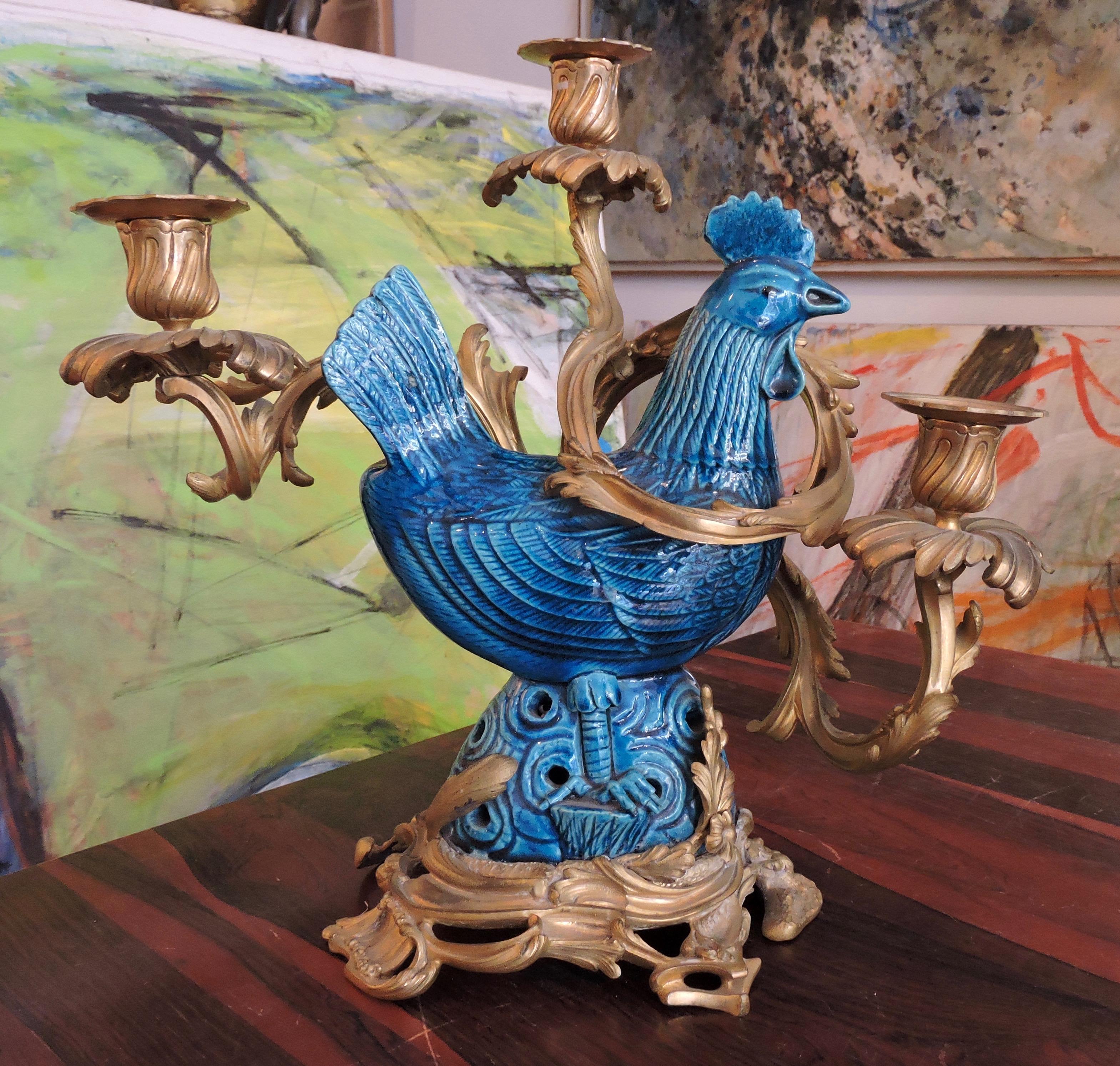 19th Century Pair of Blue Enameled Faience Roosters Ormolu-Mounted Candelabras In Good Condition In Saint-Ouen, FR