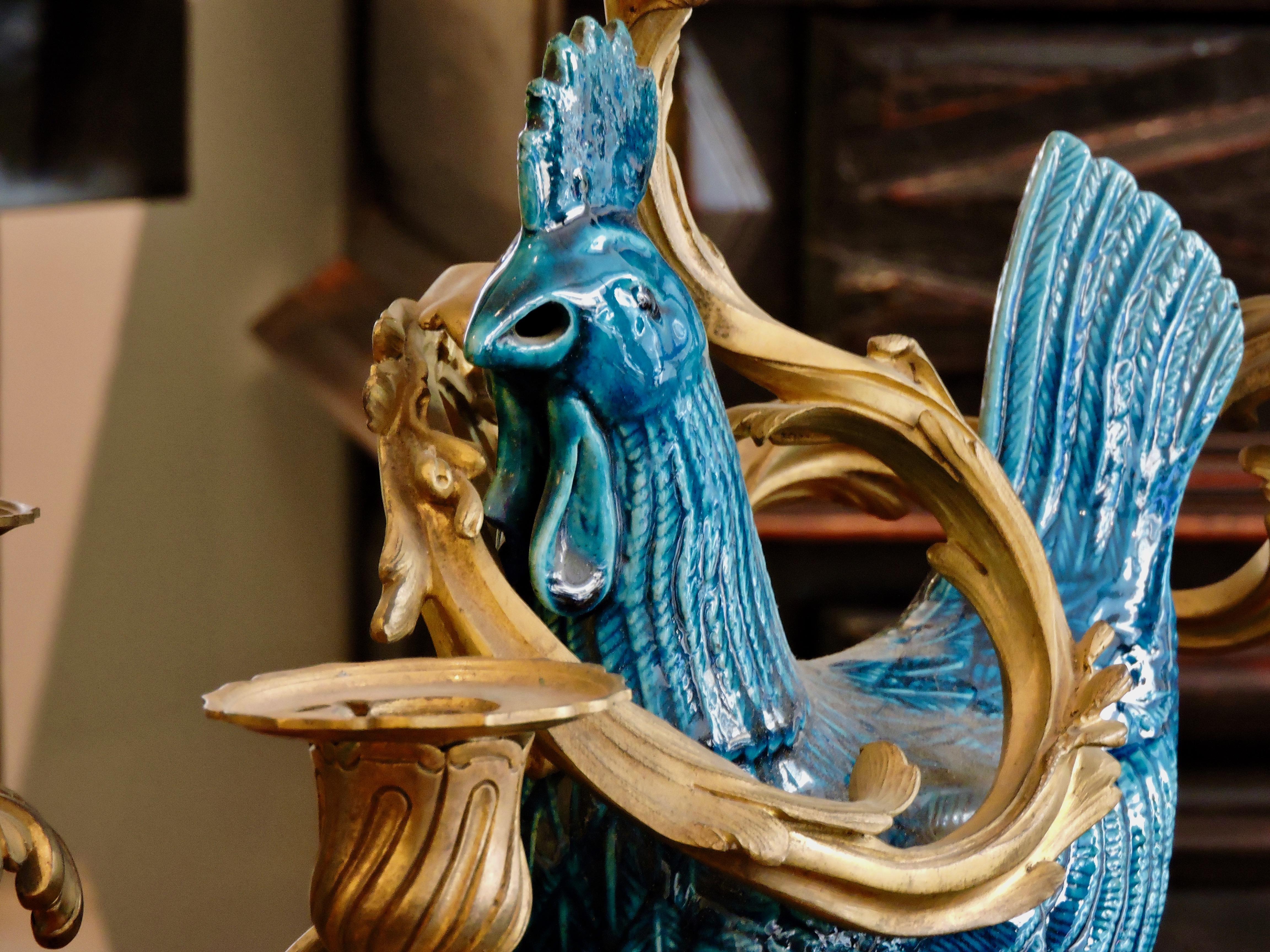 Late 19th Century 19th Century Pair of Blue Enameled Faience Roosters Ormolu-Mounted Candelabras