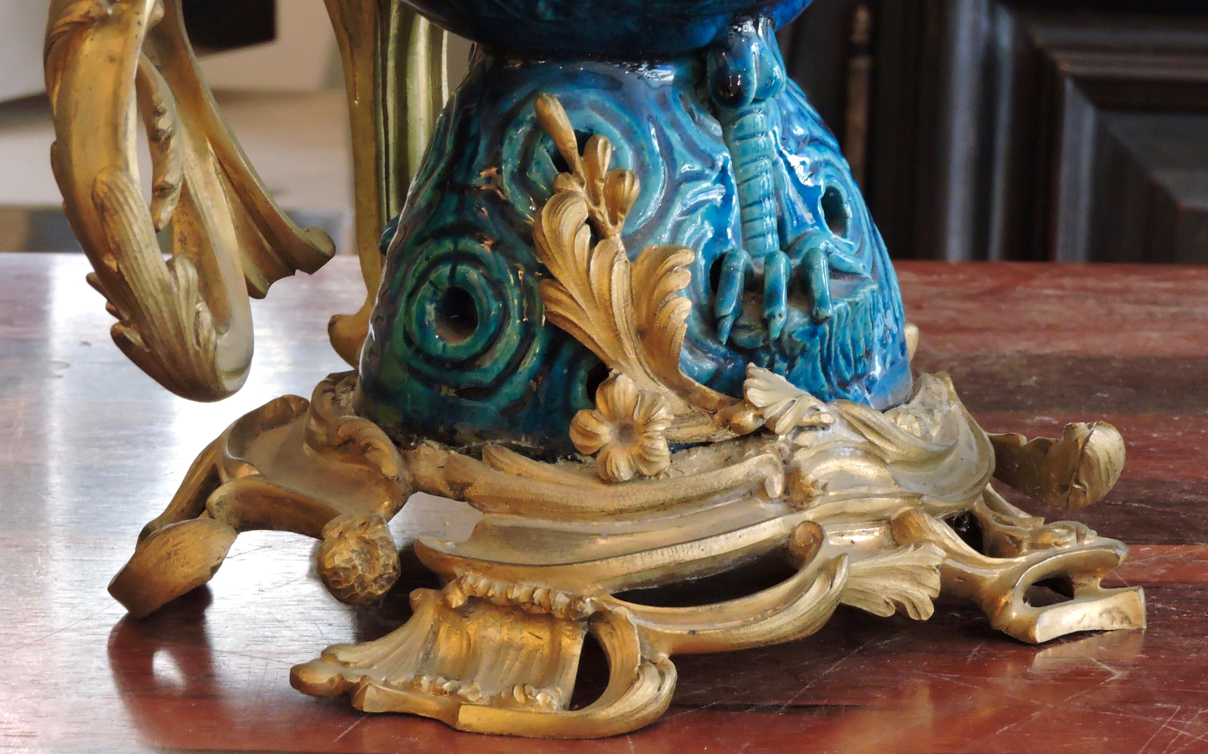 19th Century Pair of Blue Enameled Faience Roosters Ormolu-Mounted Candelabras 2