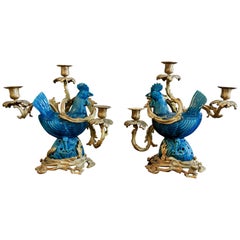 19th Century Pair of Blue Enameled Faience Roosters Ormolu-Mounted Candelabras