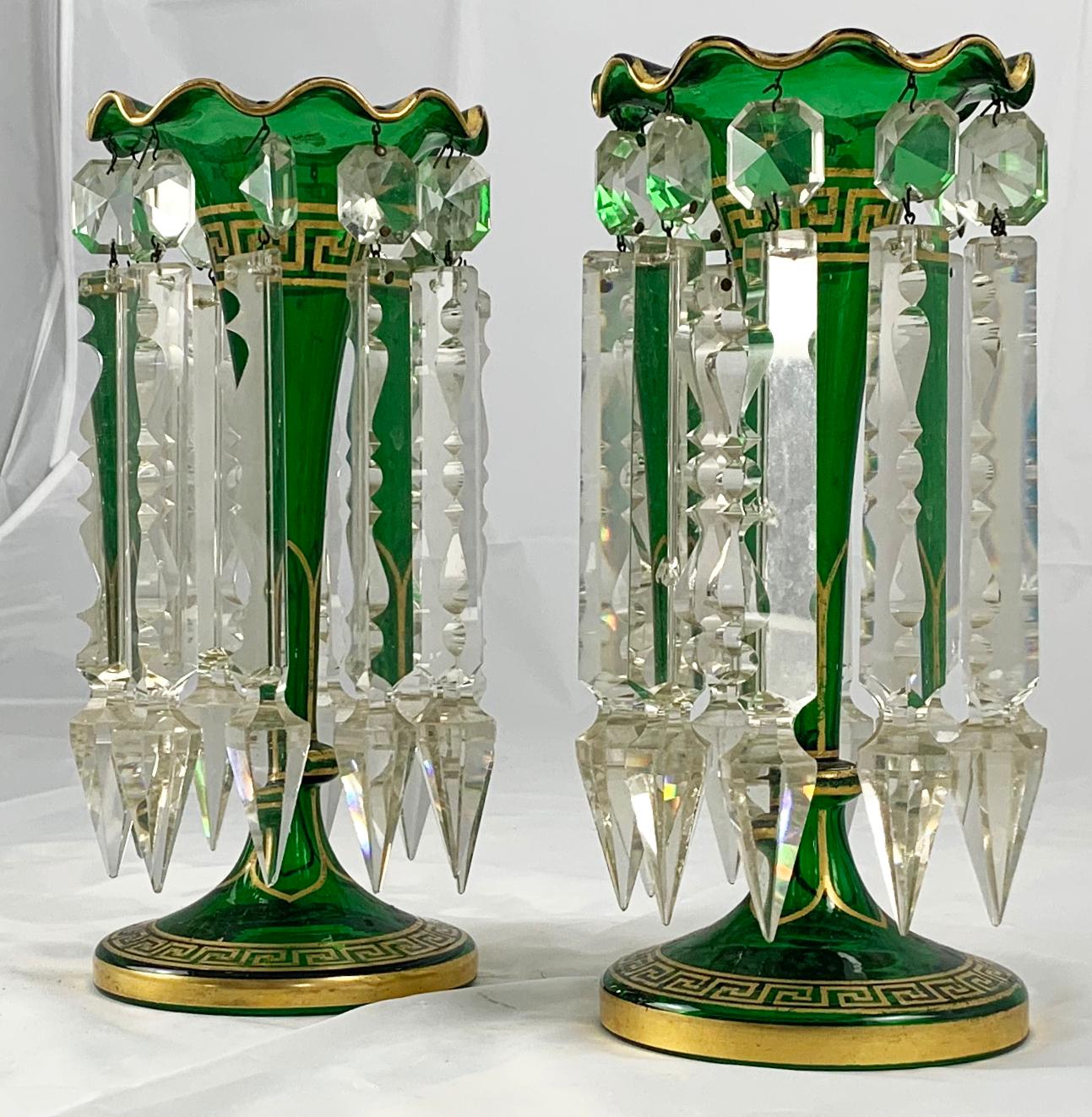 French 19th Century Pair of Bohemian Green Handcut Crystal Lustres