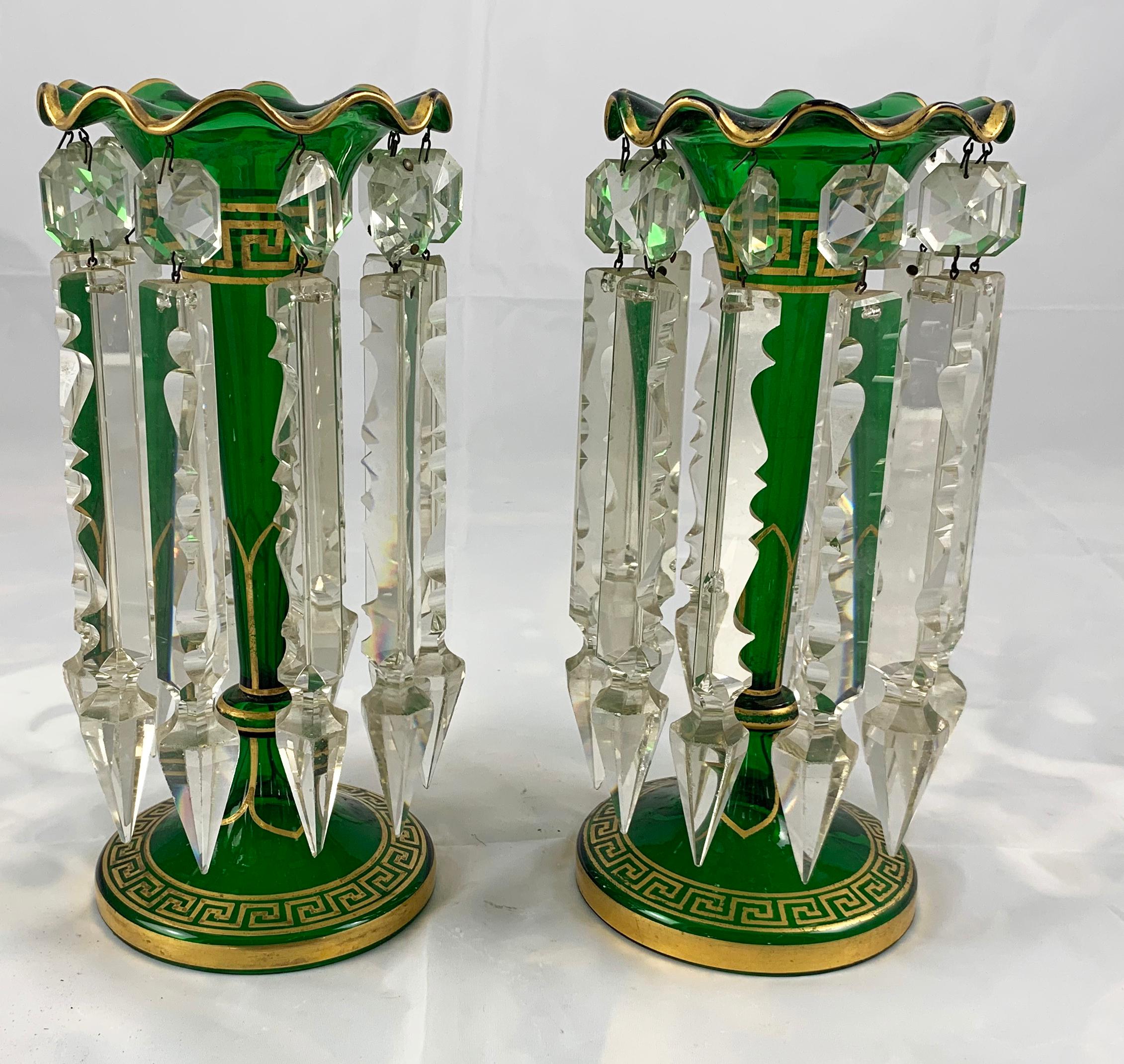 Hand-Crafted 19th Century Pair of Bohemian Green Handcut Crystal Lustres