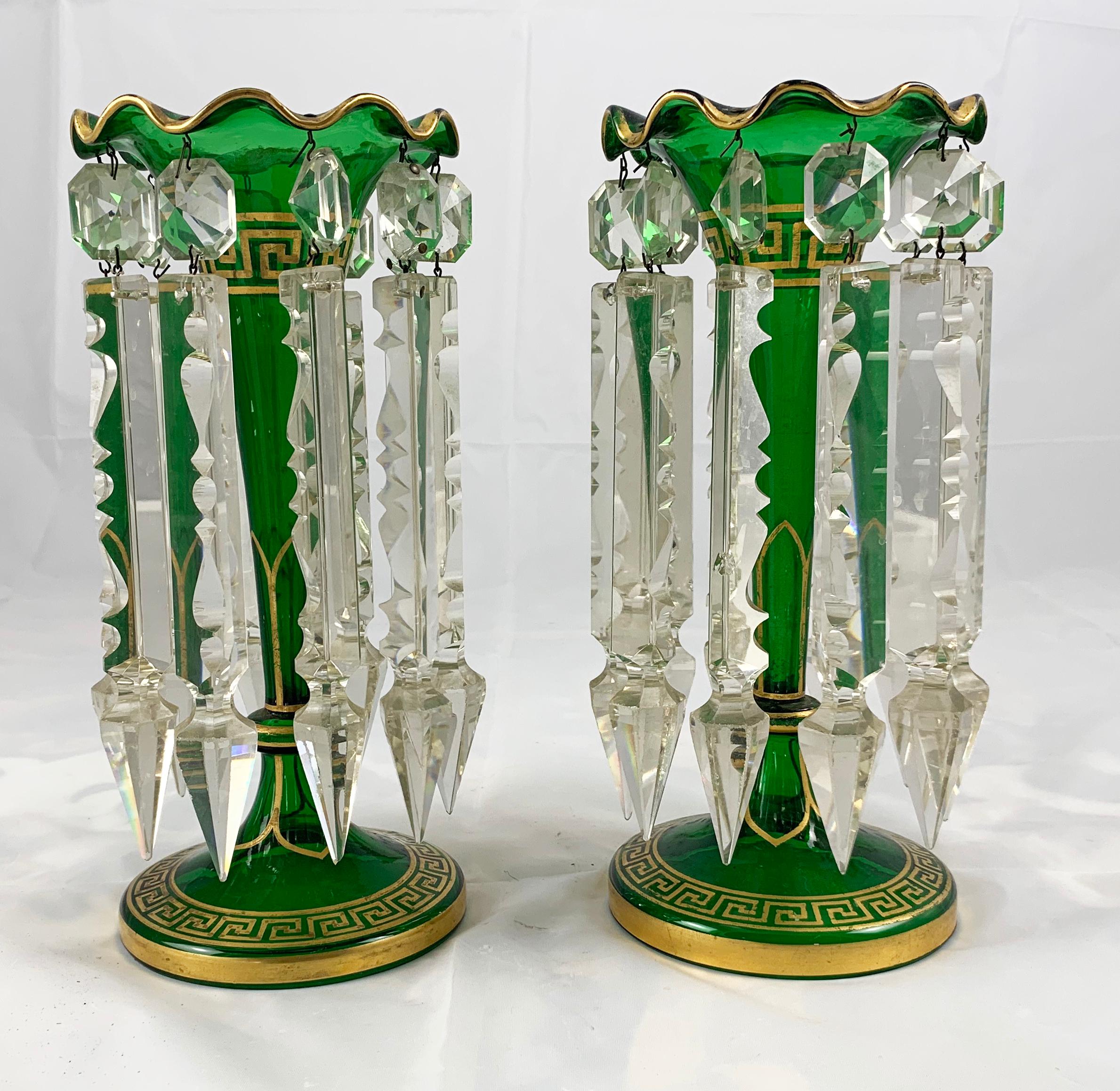 19th Century Pair of Bohemian Green Handcut Crystal Lustres In Good Condition In London, GB