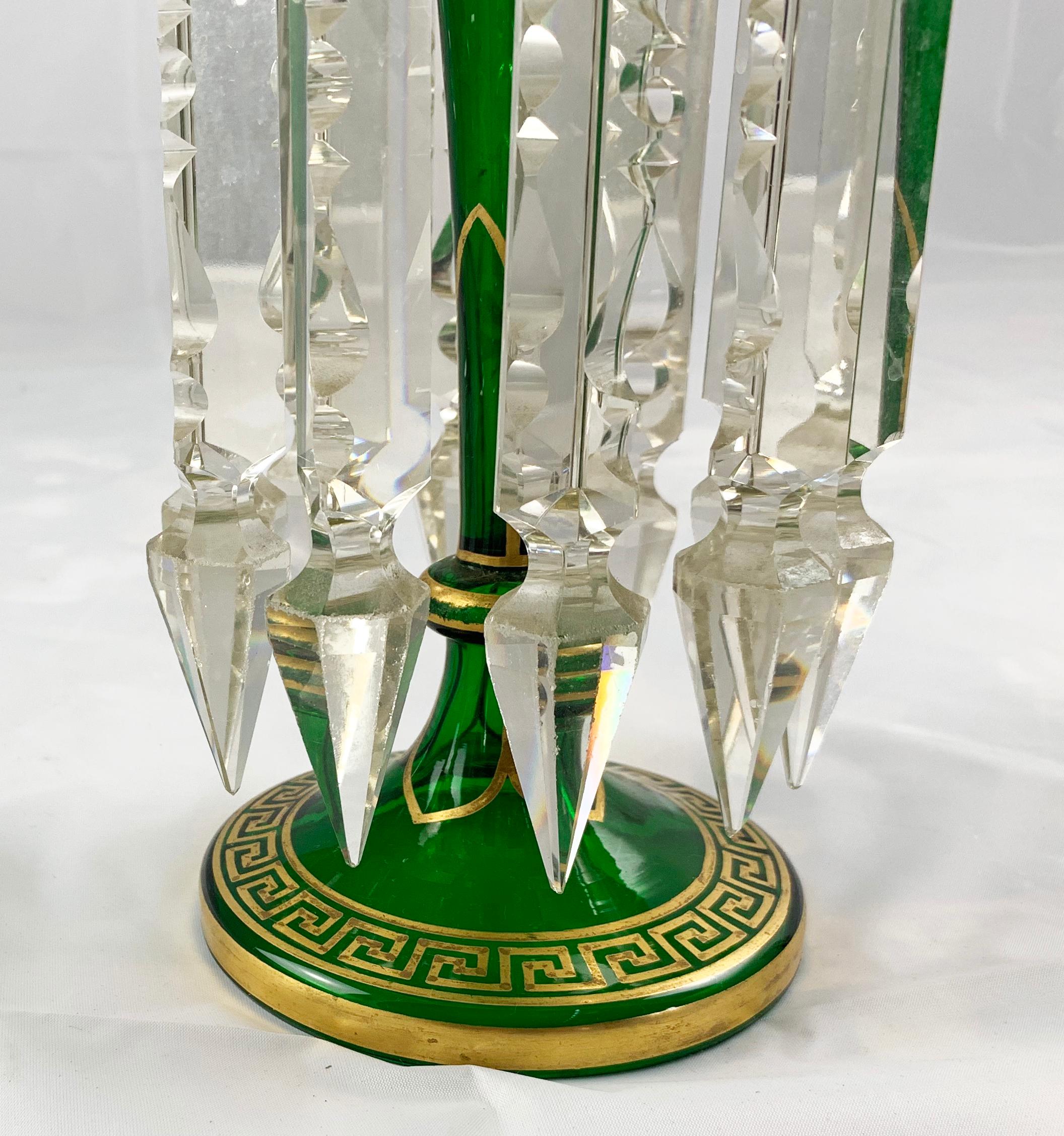 19th Century Pair of Bohemian Green Handcut Crystal Lustres 2