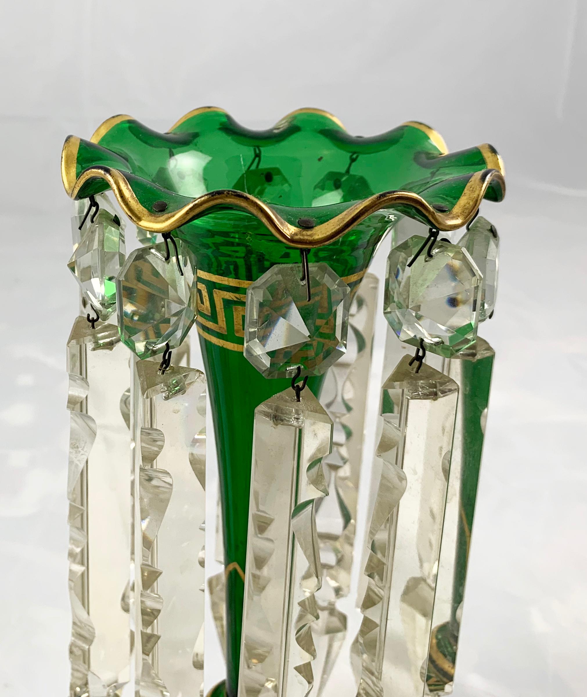 19th Century Pair of Bohemian Green Handcut Crystal Lustres 3