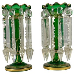Antique 19th Century Pair of Bohemian Green Handcut Crystal Lustres