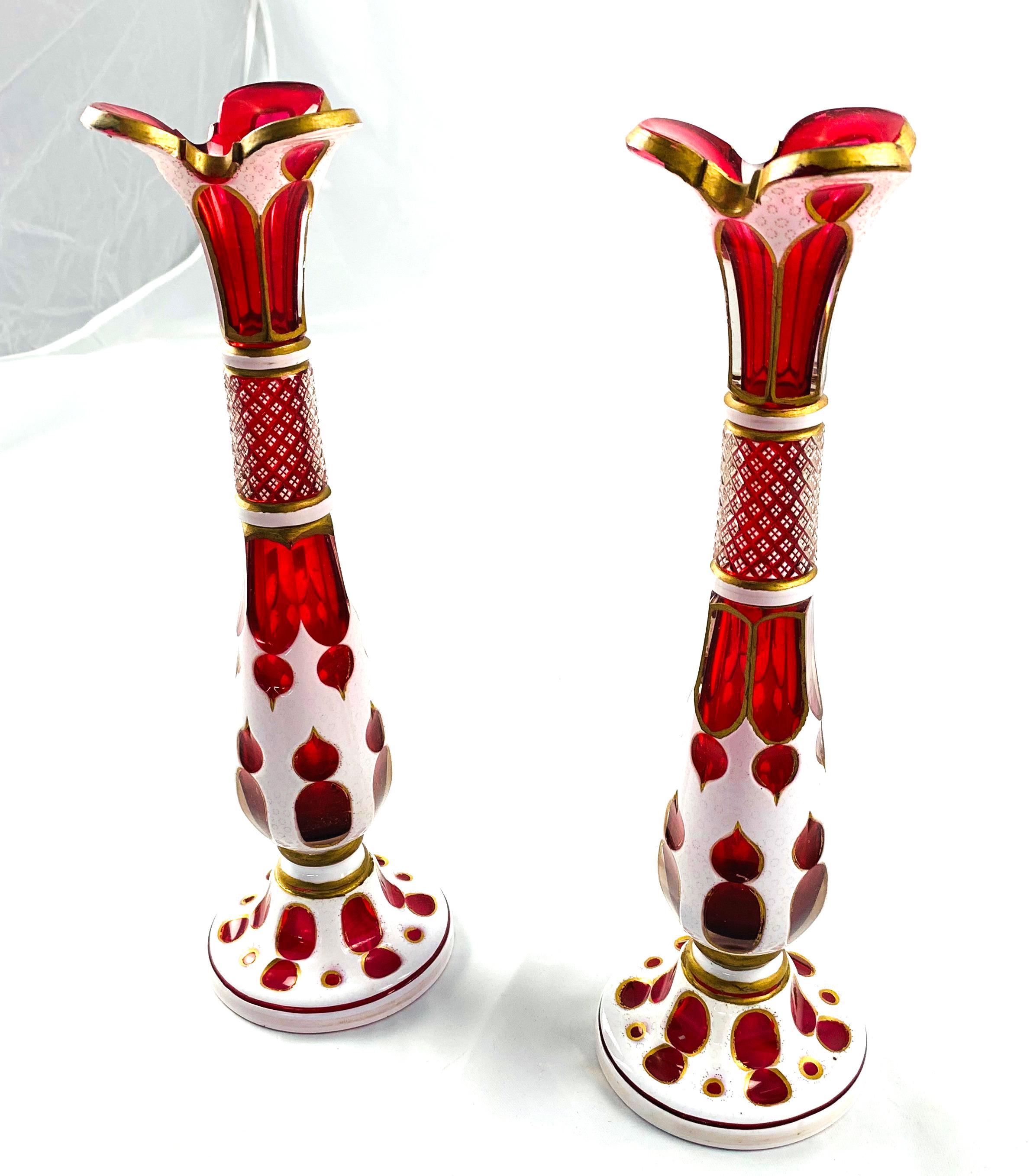 French 19th Century Pair of Bohemian Ruby Glass Vases with White Enamel 
