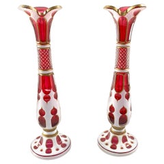 19th Century Pair of Bohemian Ruby Glass Vases with White Enamel 