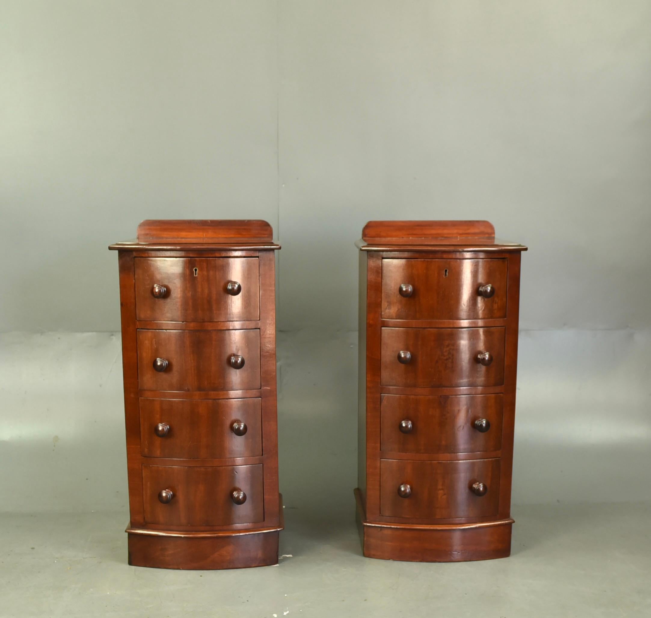 Fine quality pair of Victorian mahogany bow front bedside chests of drawers 
Each chest has four graduating drawers that are mahogany lined with fine hand dovetail joints ,they are all solid in joint and slide as they should .
They have been fully