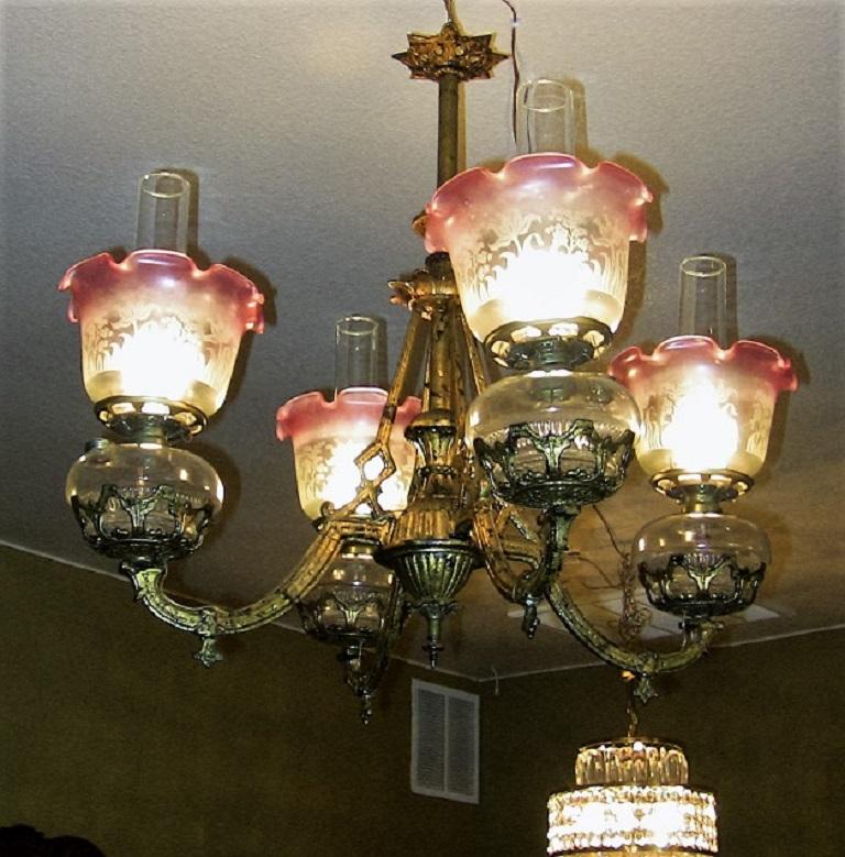 19th Century Pair of Bradley and Hubbard Gold Leaf Four-Arm Chandeliers 2