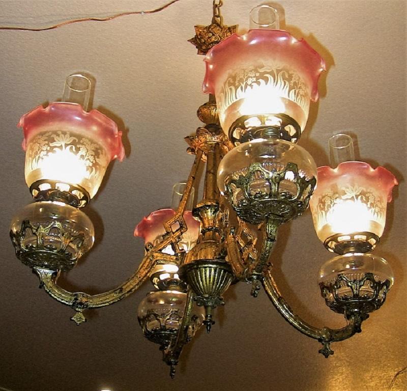 19th Century Pair of Bradley and Hubbard Gold Leaf Four-Arm Chandeliers 3