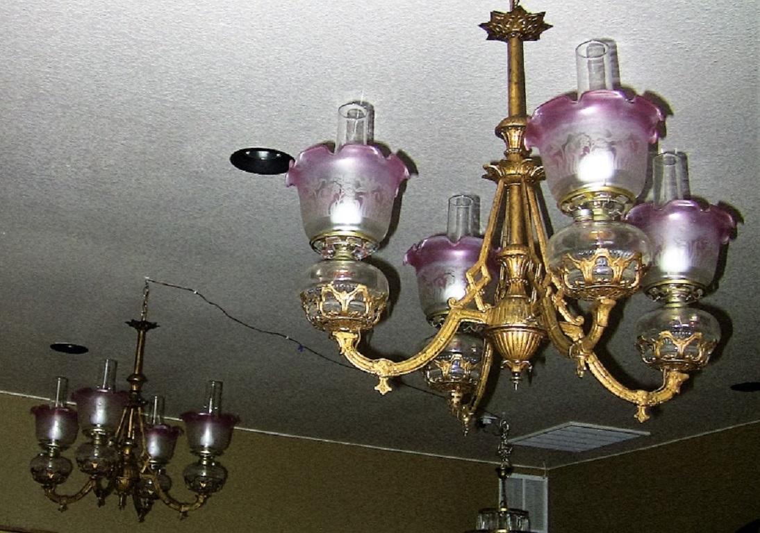 19th Century Pair of Bradley and Hubbard Gold Leaf Four-Arm Chandeliers 4